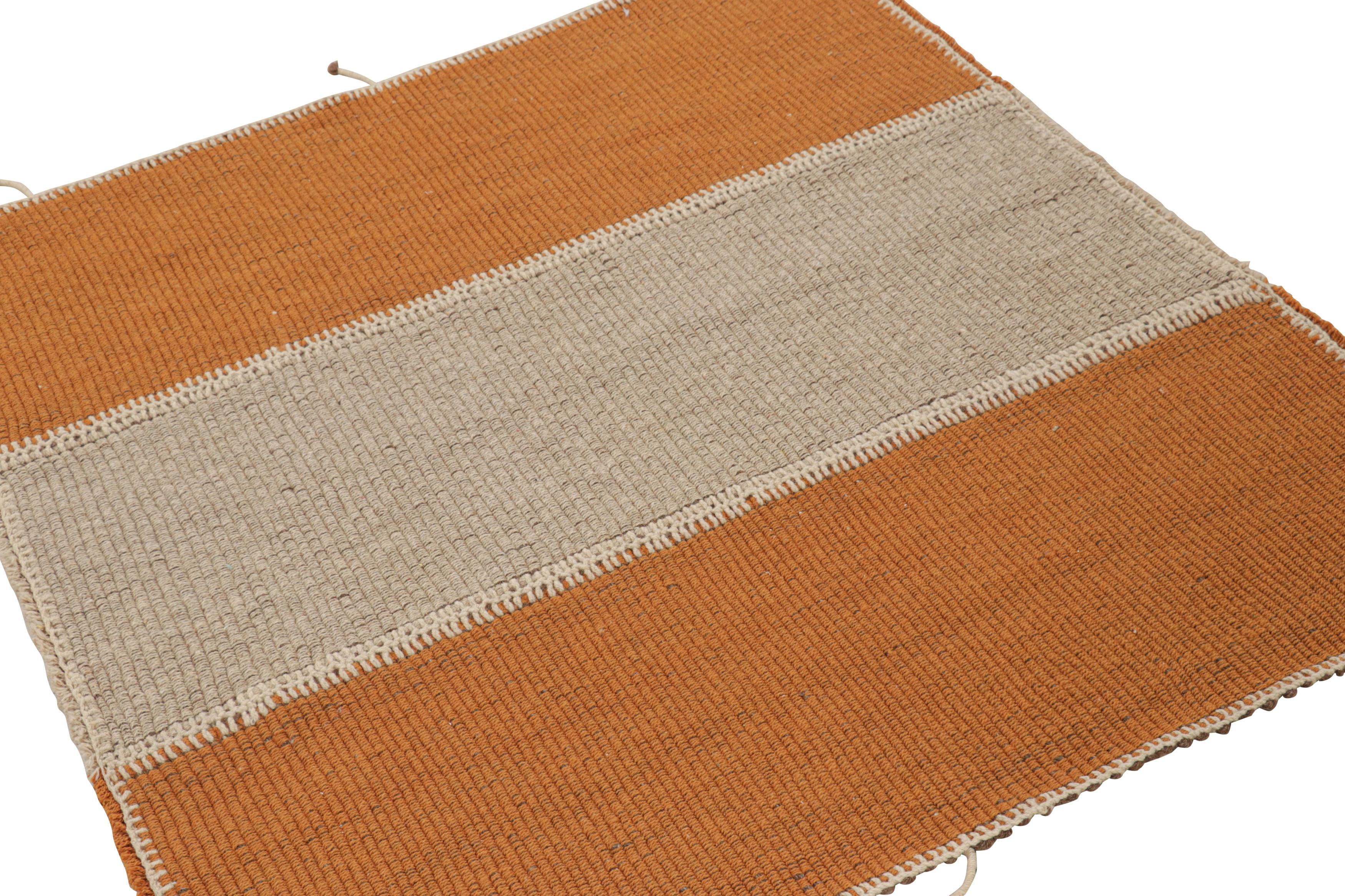 Afghan Rug & Kilim’s Contemporary Square Kilim in Beige and Orange Stripes For Sale