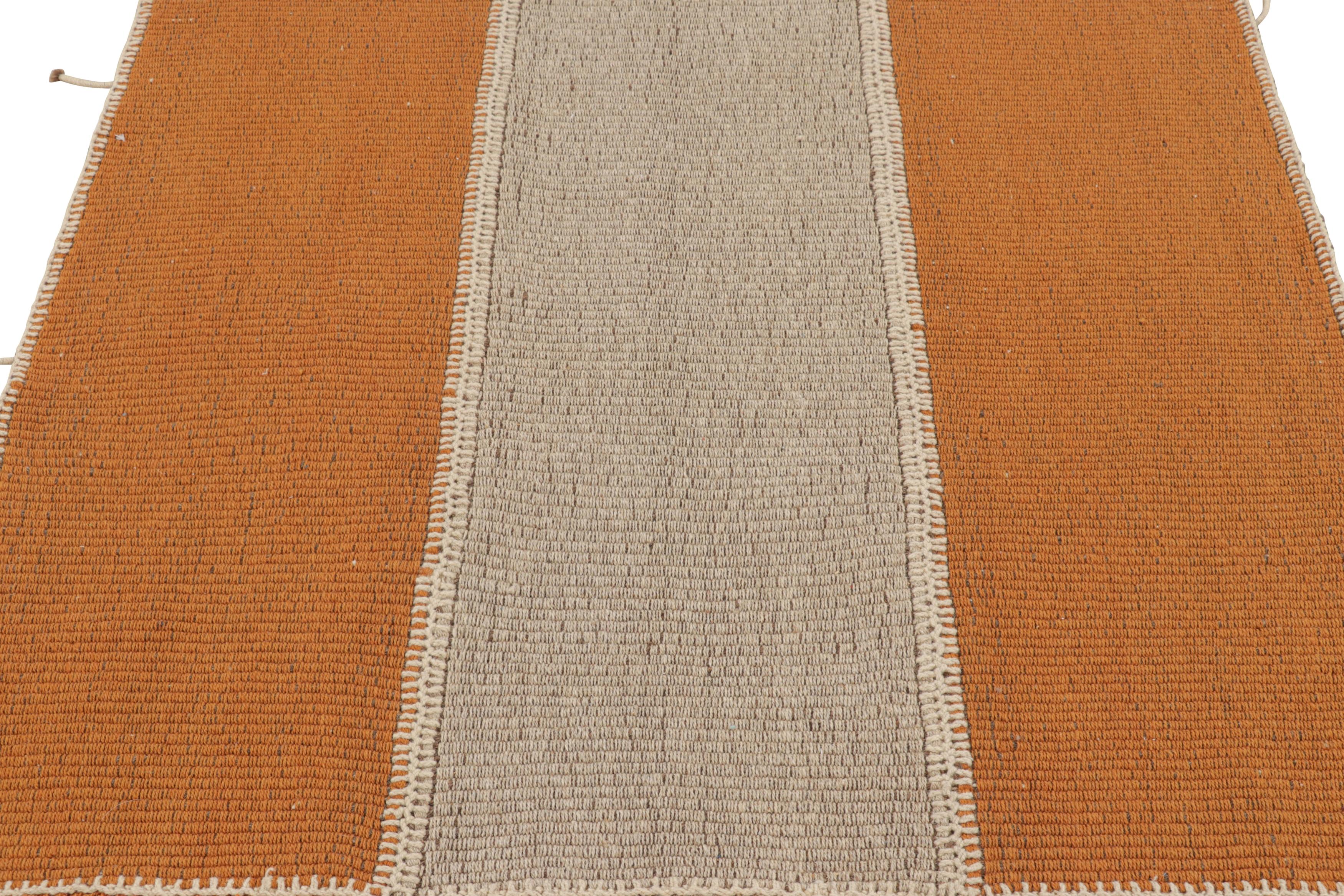 Hand-Woven Rug & Kilim’s Contemporary Square Kilim in Beige and Orange Stripes For Sale