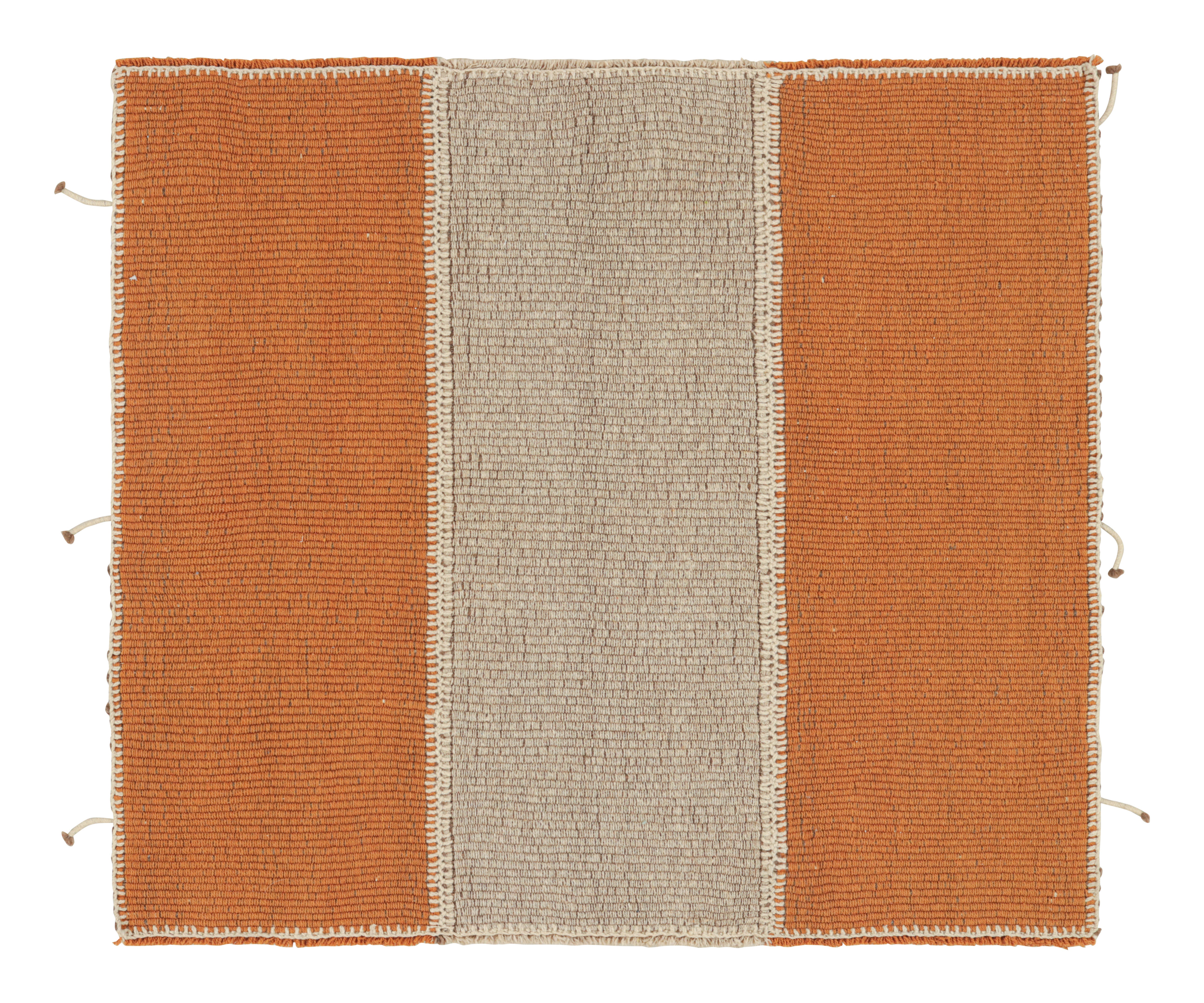 Rug & Kilim's Contemporary Square Kilim in Beige and Orange Stripes (Kilim carré contemporain à rayures beiges et orange)