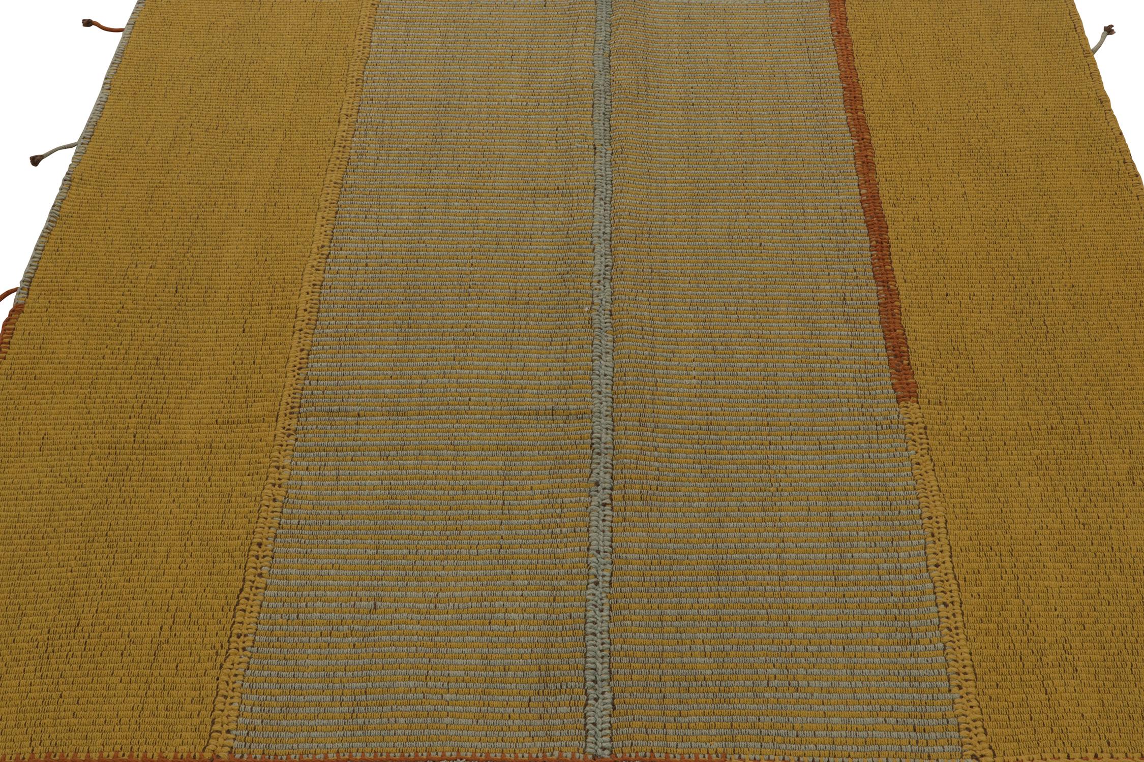 Modern Rug & Kilim’s Contemporary Square Kilim in Ochre, Blue Stripes and Brown Accents For Sale
