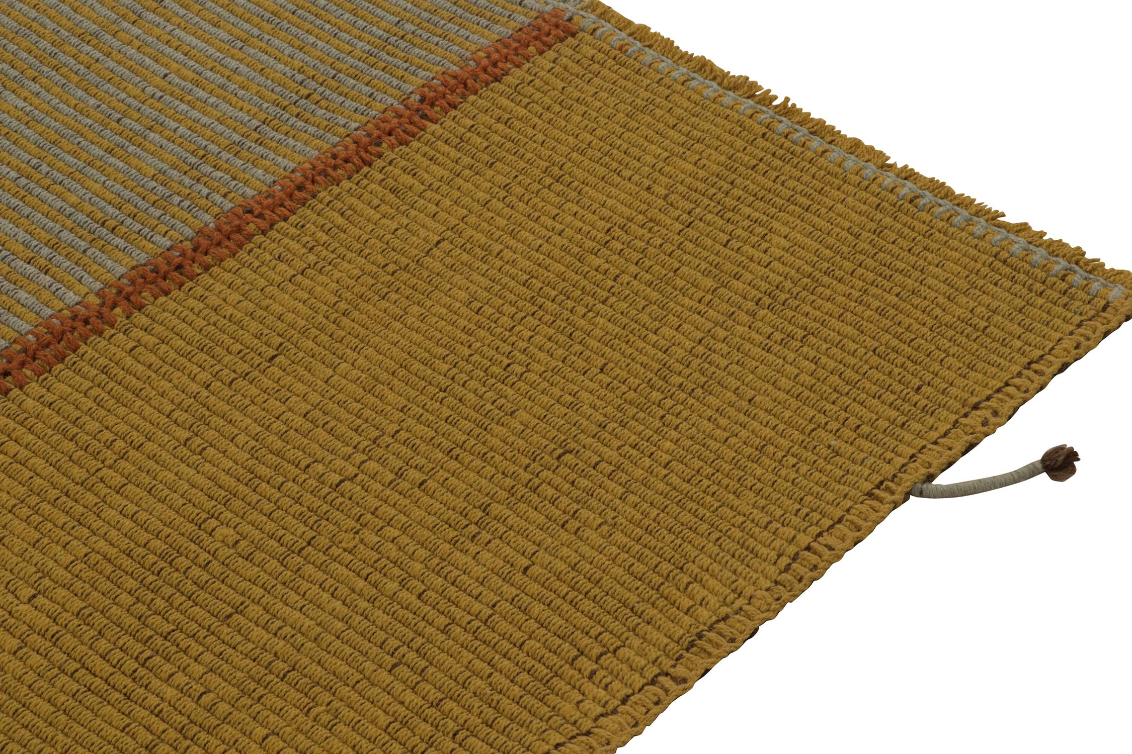 Hand-Knotted Rug & Kilim’s Contemporary Square Kilim in Ochre, Blue Stripes and Brown Accents For Sale