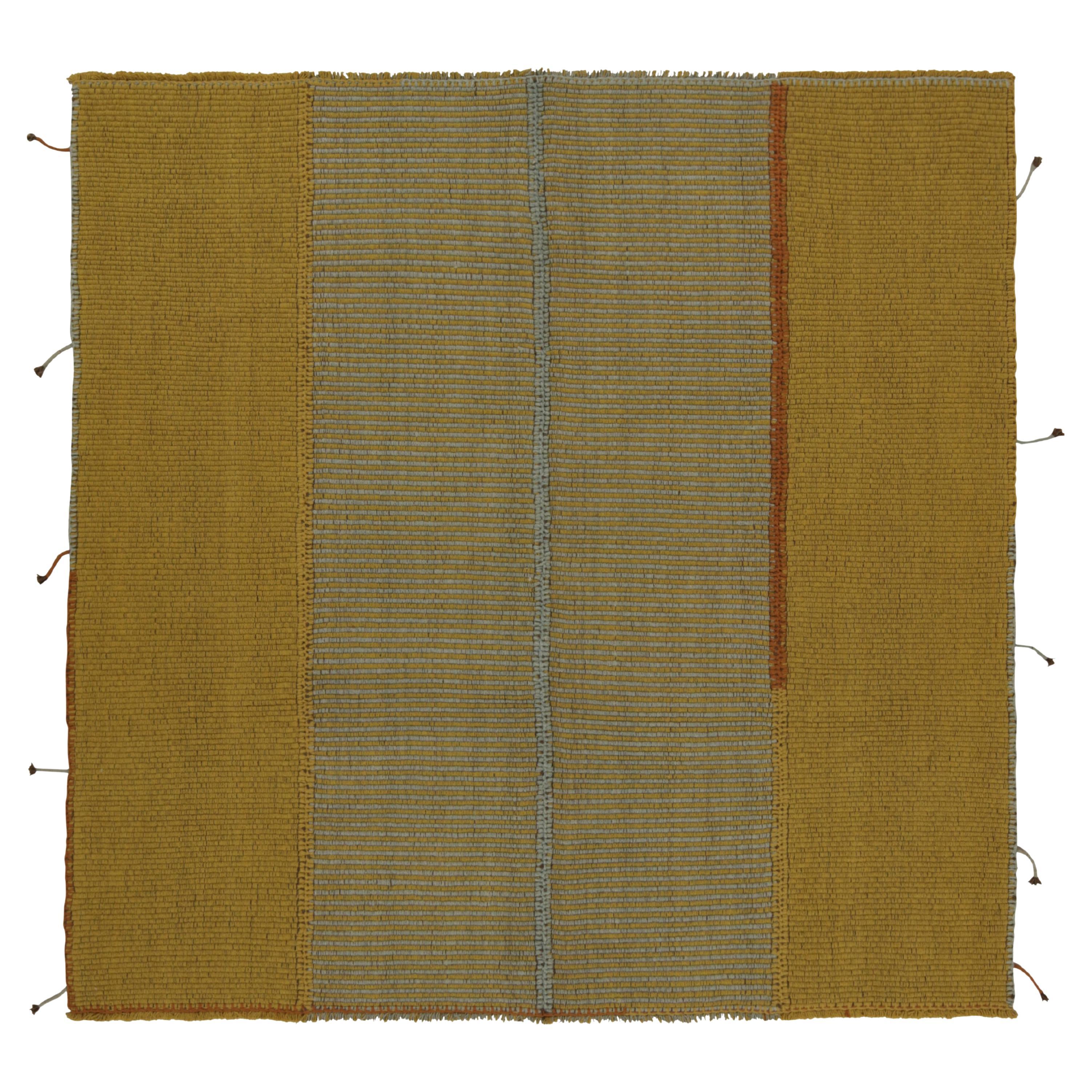 Rug & Kilim’s Contemporary Square Kilim in Ochre, Blue Stripes and Brown Accents For Sale