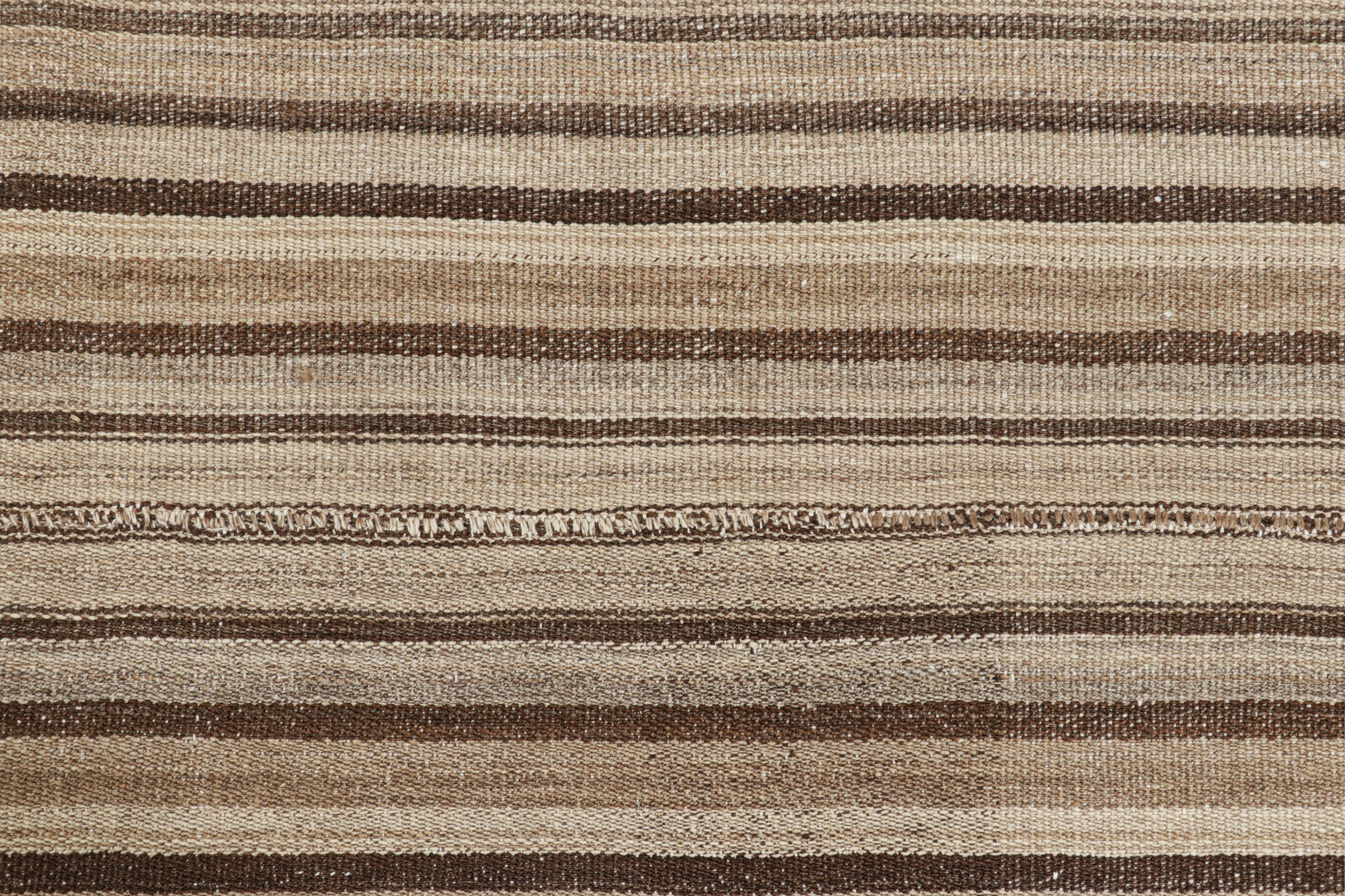Afghan Rug & Kilim’s Contemporary Square Kilim with Textural Beige-Brown Stripes For Sale