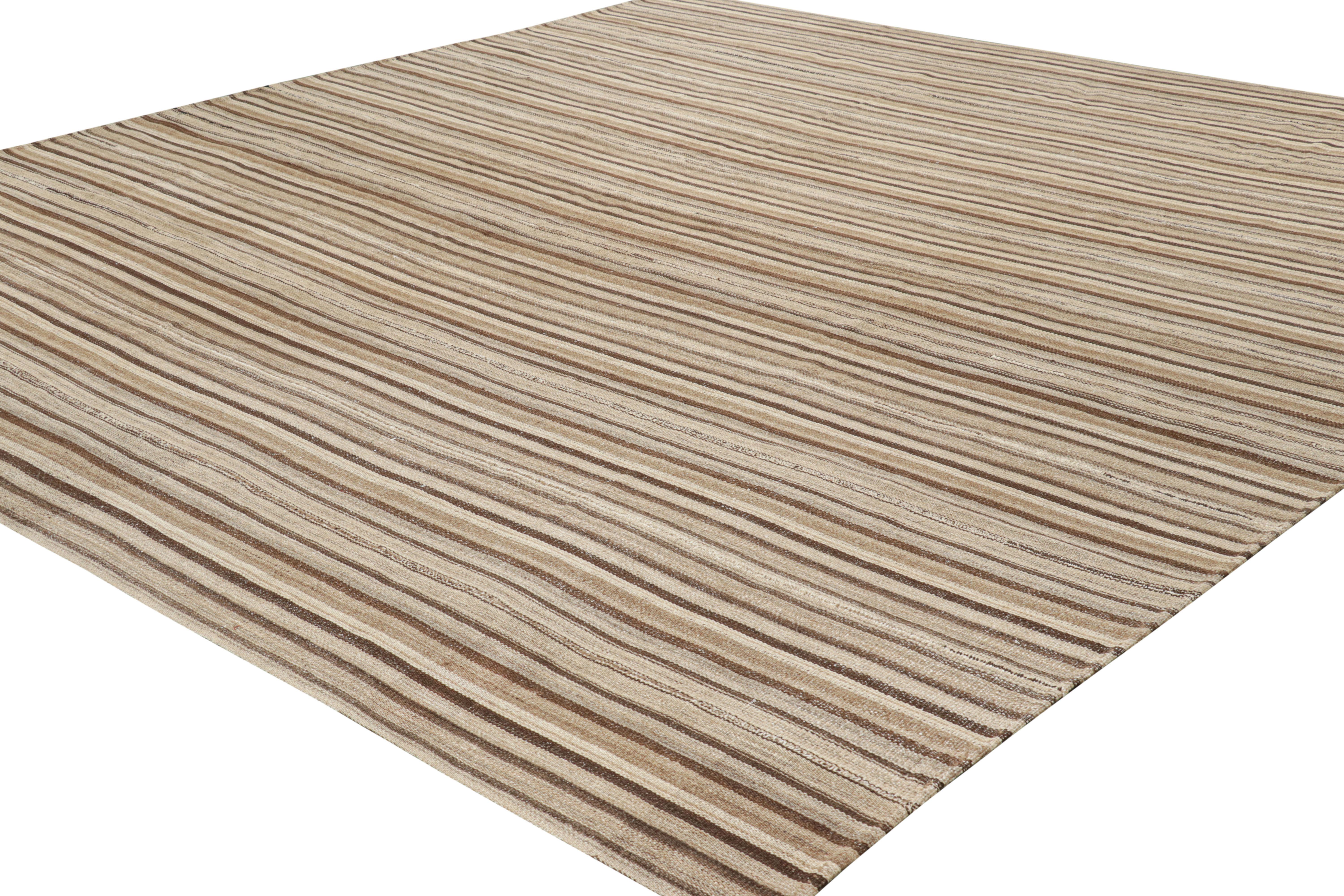 Hand-Woven Rug & Kilim’s Contemporary Square Kilim with Textural Beige-Brown Stripes For Sale