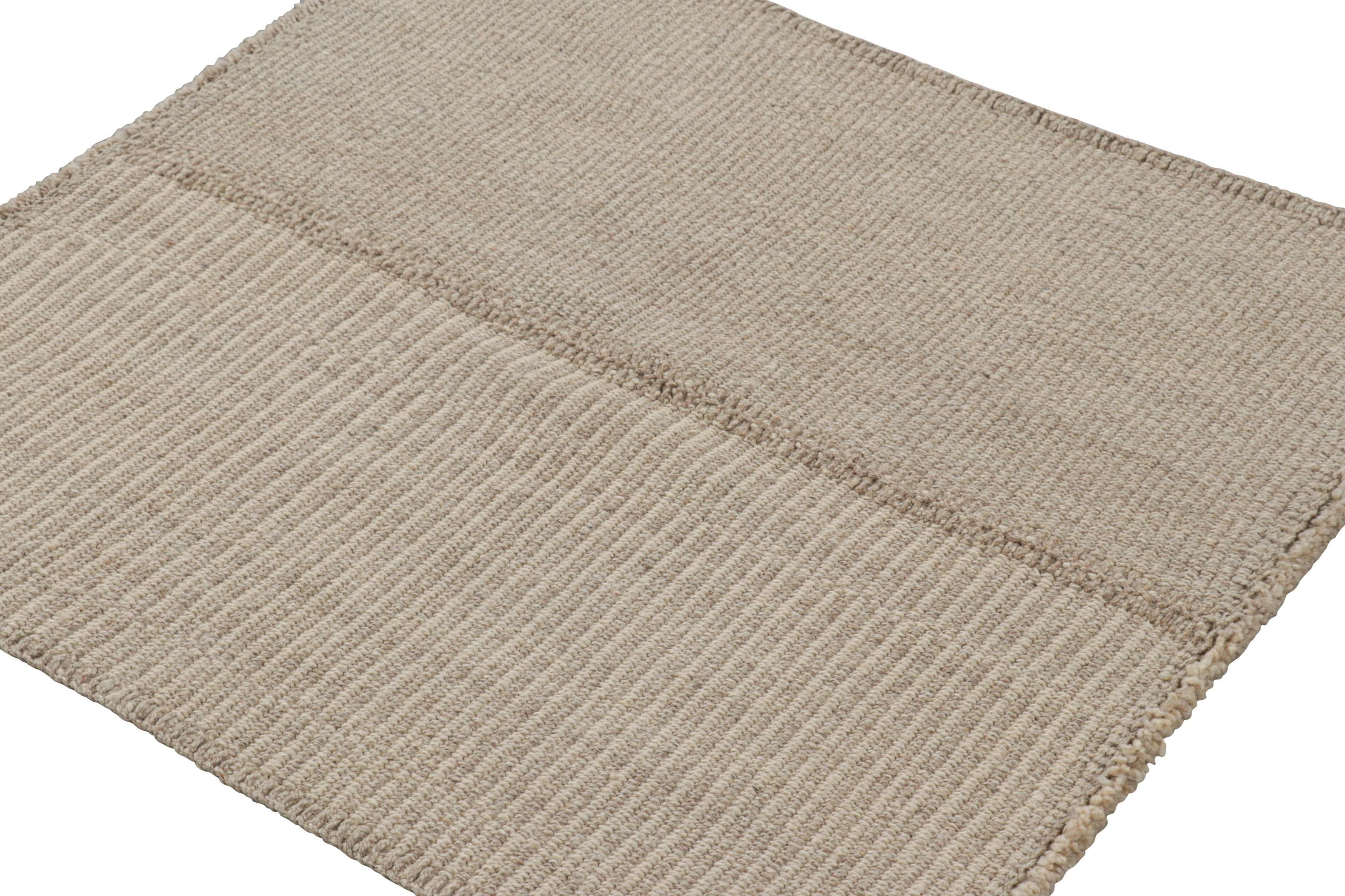 Hand-Woven Rug & Kilim’s Contemporary Square Kilim with Textural Beige-Brown Stripes For Sale
