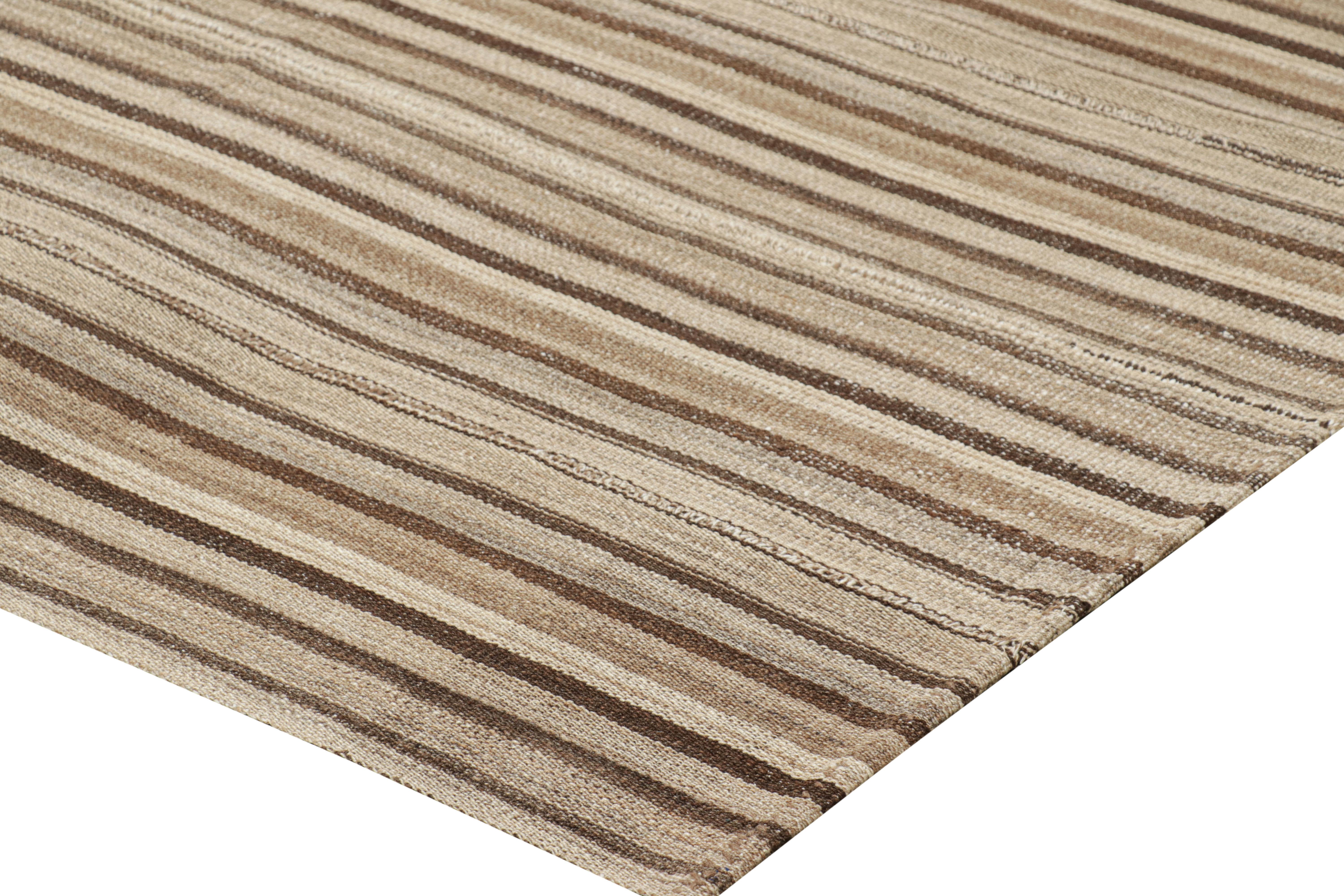 Wool Rug & Kilim’s Contemporary Square Kilim with Textural Beige-Brown Stripes For Sale