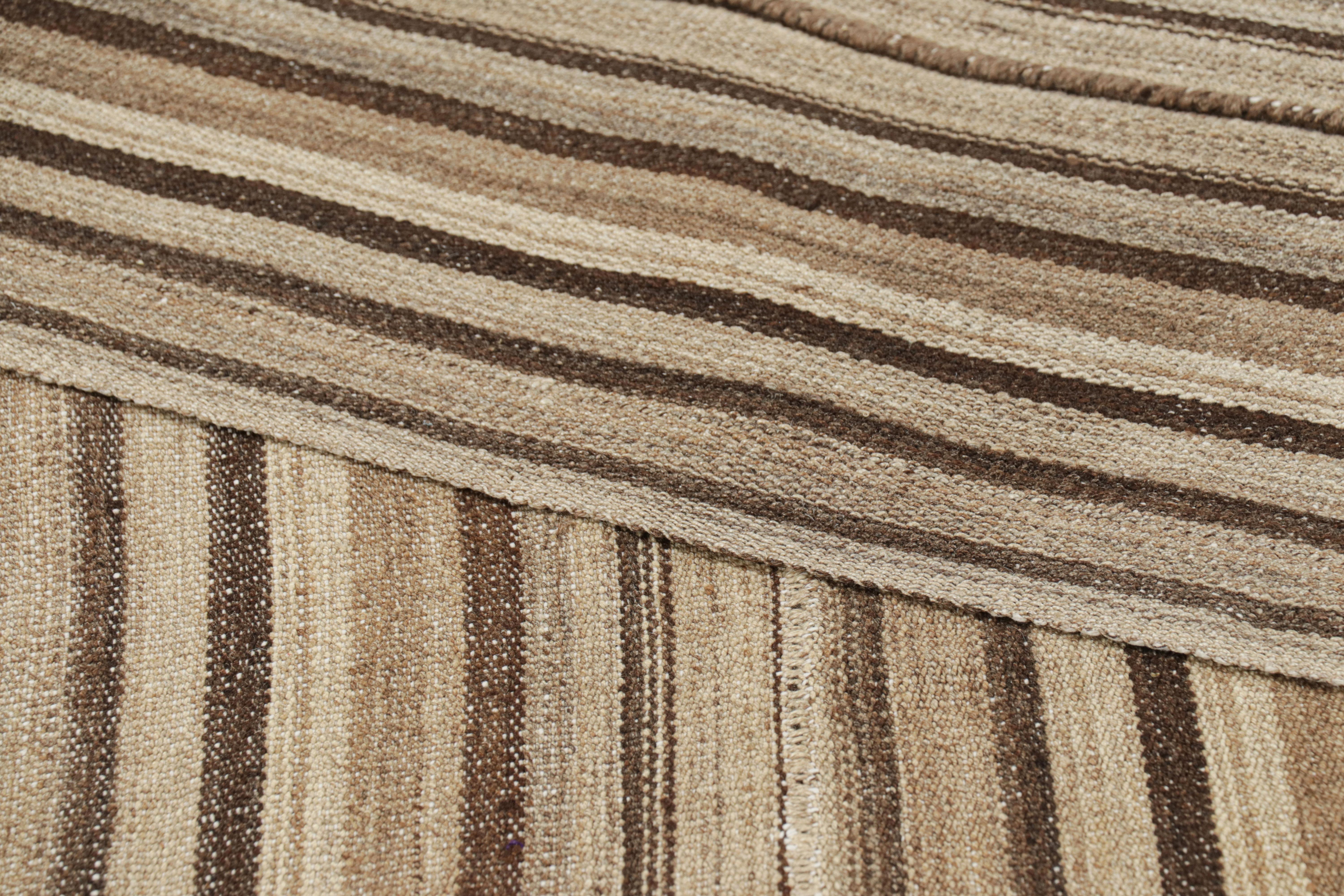 Rug & Kilim’s Contemporary Square Kilim with Textural Beige-Brown Stripes For Sale 1