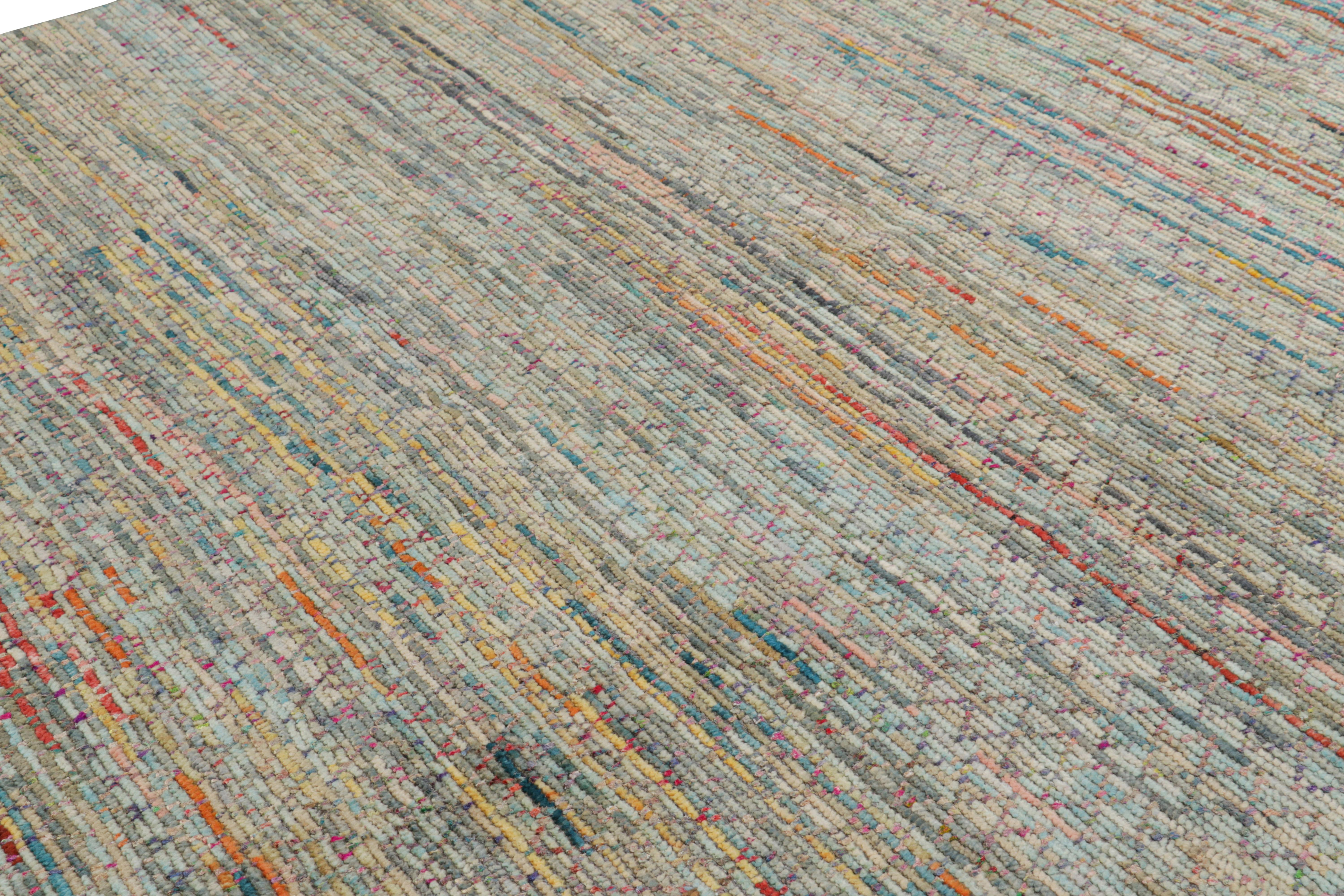 Hand-knotted in wool and silk, this 8x8 contemporary square rug is from an exciting new line in Rug & Kilim’s Modern Collection, with an impressive range of colors and attention to movement in its unique play on stripes and subtle geometric