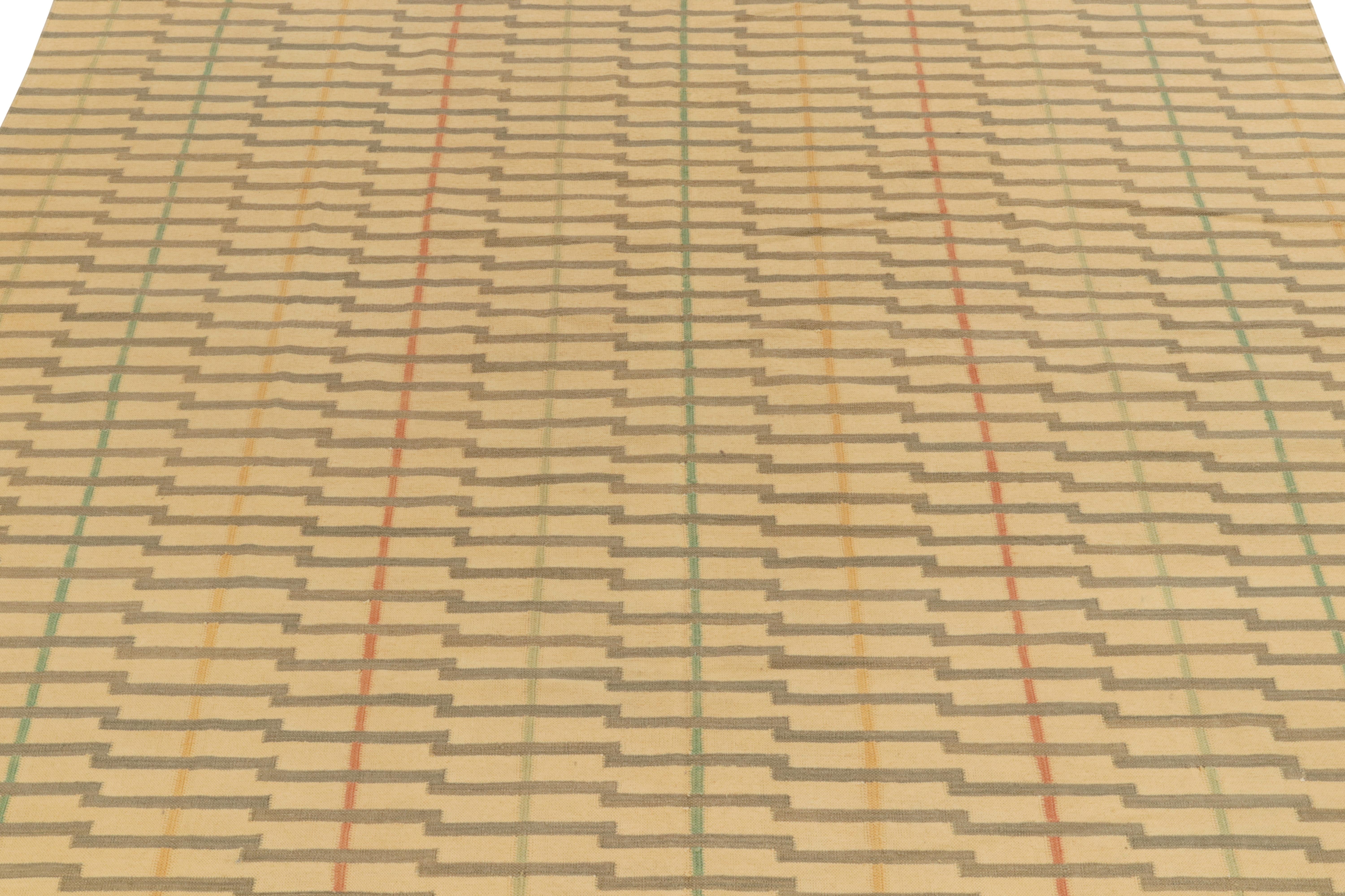 Indiano Rug & Kilim - Trama piatta a righe contemporanea, crema, beige e marrone in vendita