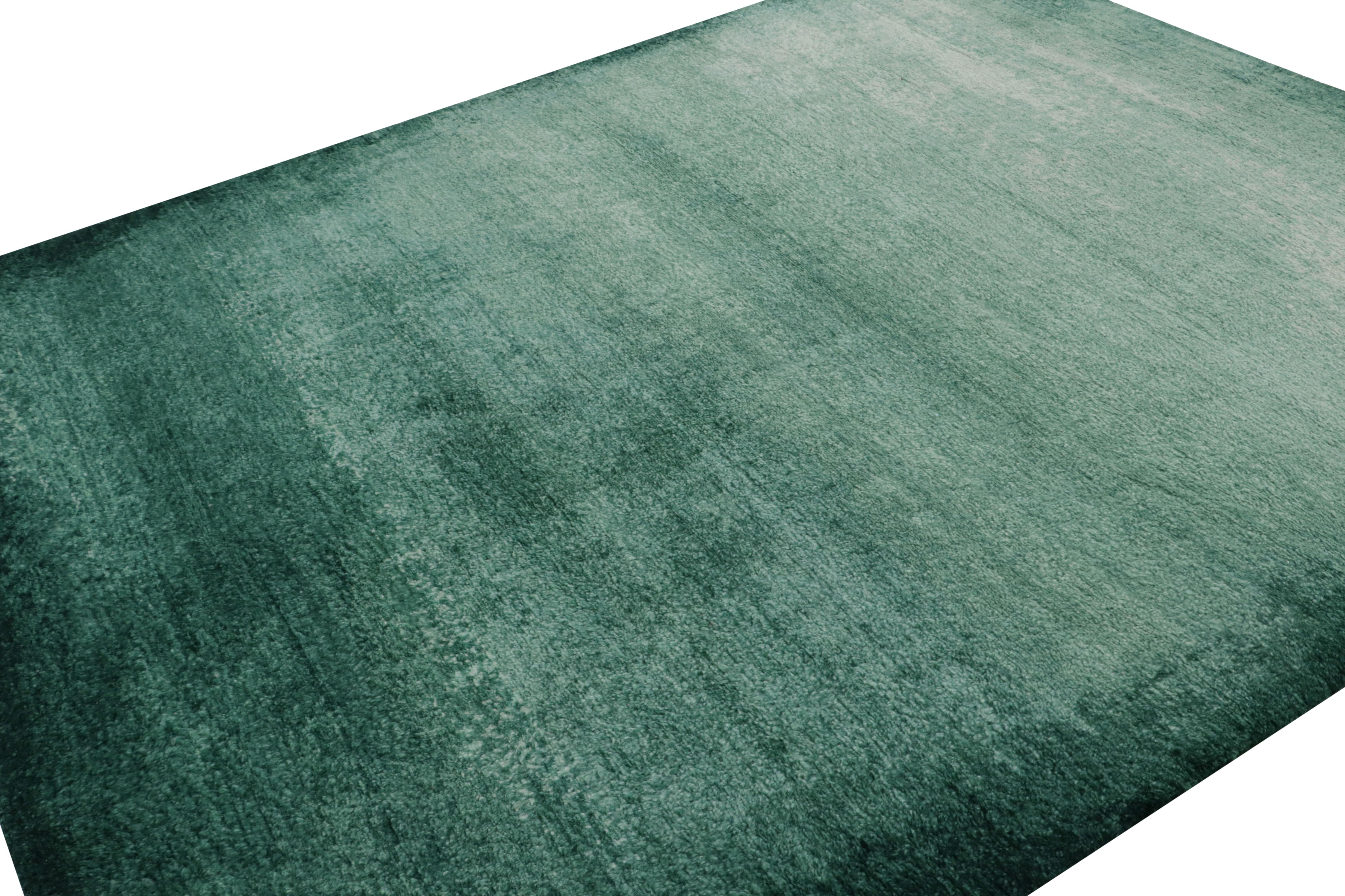 Hand-knotted in a luxurious pashmina, this 8x10 textural high-pile rug is a simple piece of neutrals and teal blue and green tones.

On the Design: 

Keen eyes will admire this neutral rug with a lush, high-pile texture that invites one to walk on