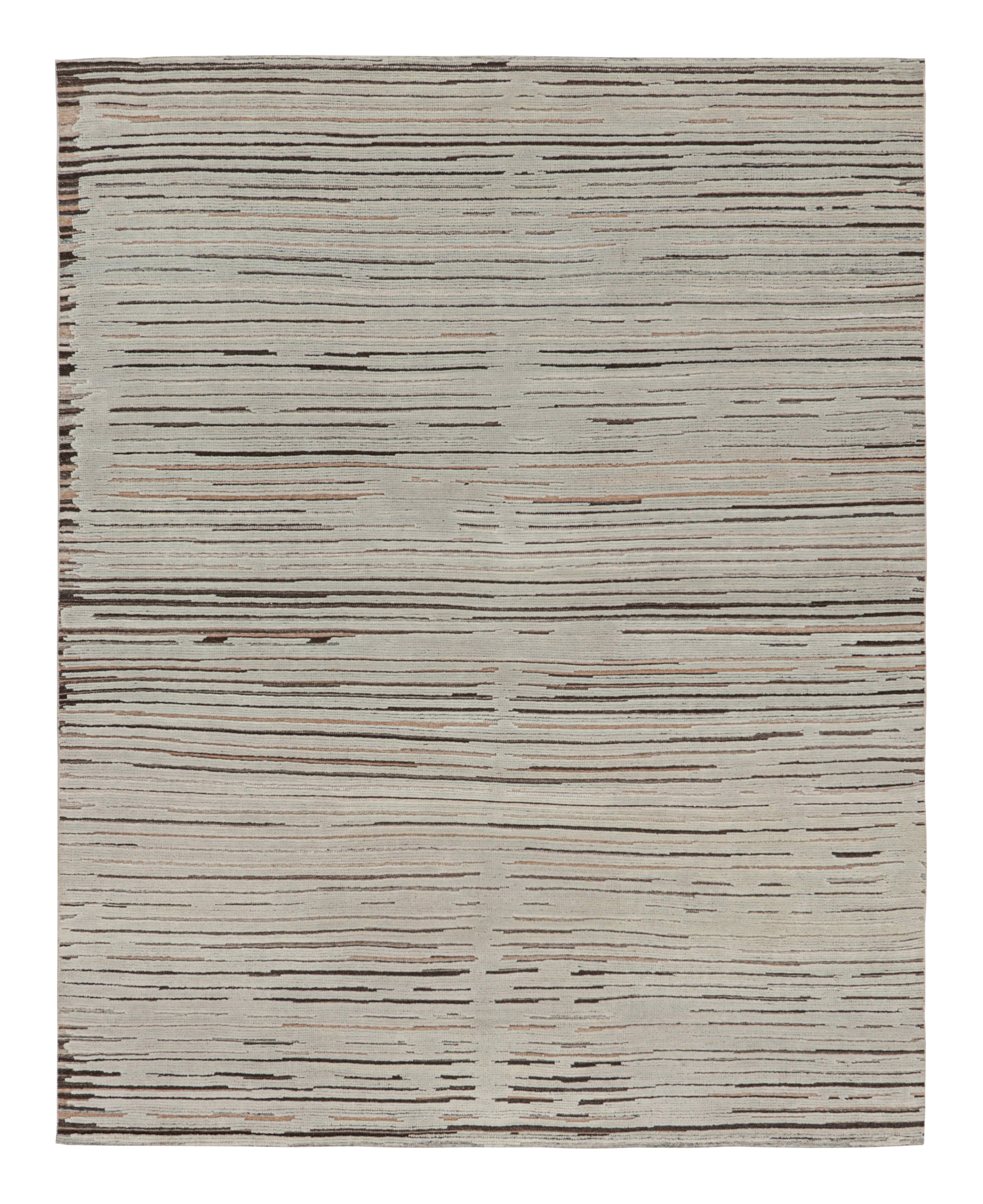 Rug & Kilim’s Contemporary Textural Rug with Blue & Beige-Brown High-Low Stripes In New Condition For Sale In Long Island City, NY