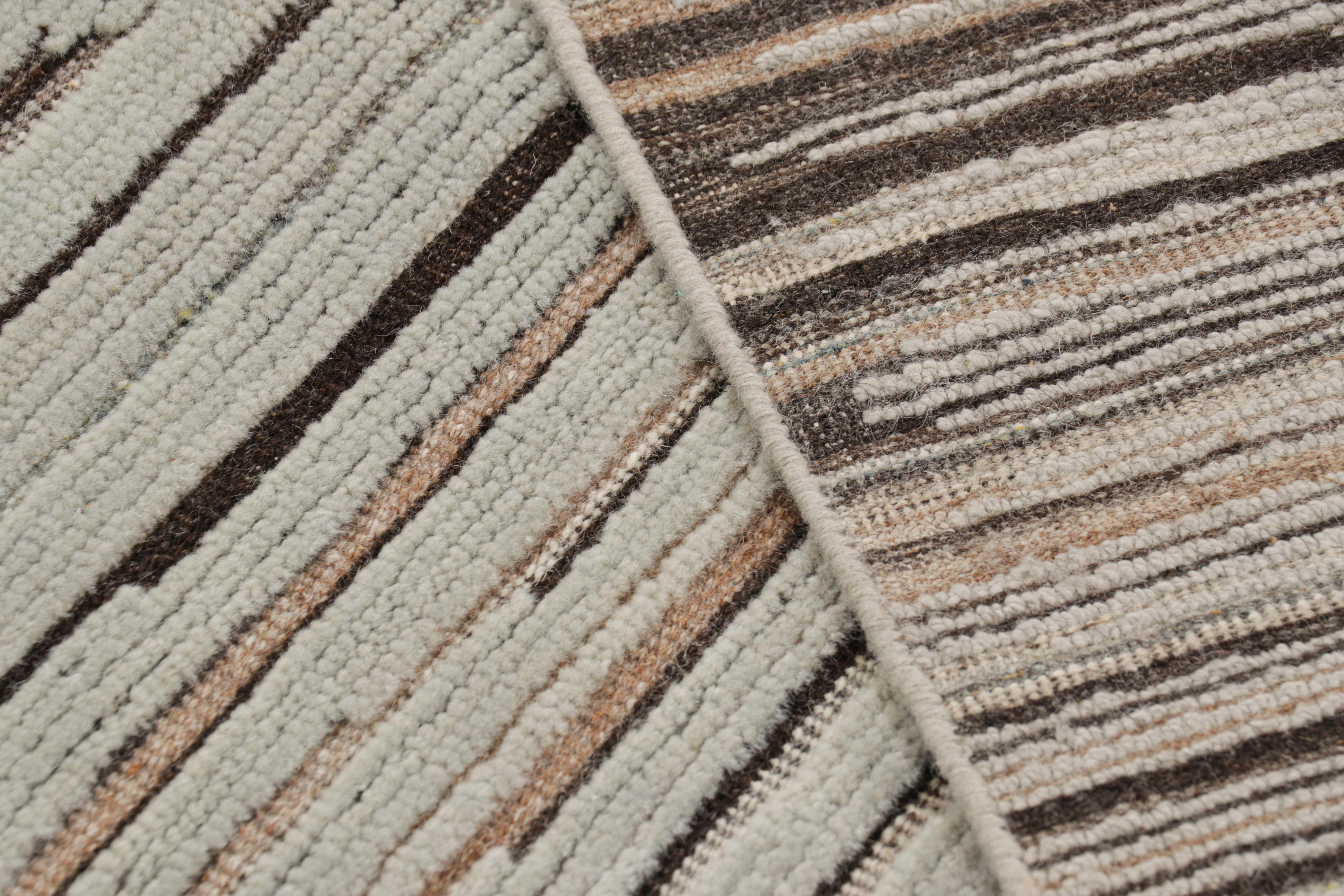 Wool Rug & Kilim’s Contemporary Textural Rug with Blue & Beige-Brown High-Low Stripes For Sale