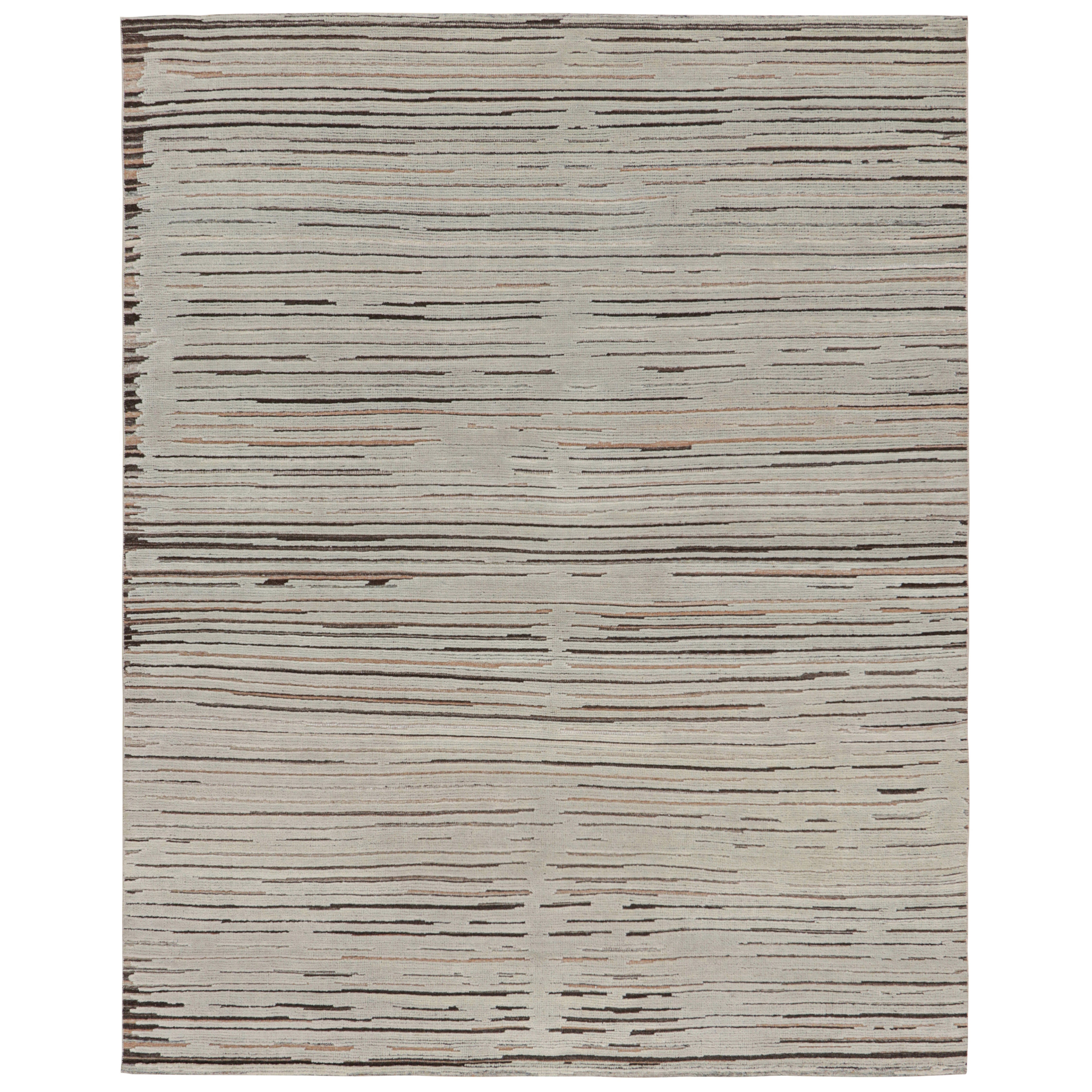 Rug & Kilim’s Contemporary Textural Rug with Blue & Beige-Brown High-Low Stripes