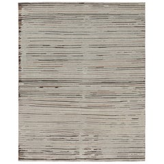 Rug & Kilim’s Contemporary Textural Rug with Blue & Beige-Brown High-Low Stripes