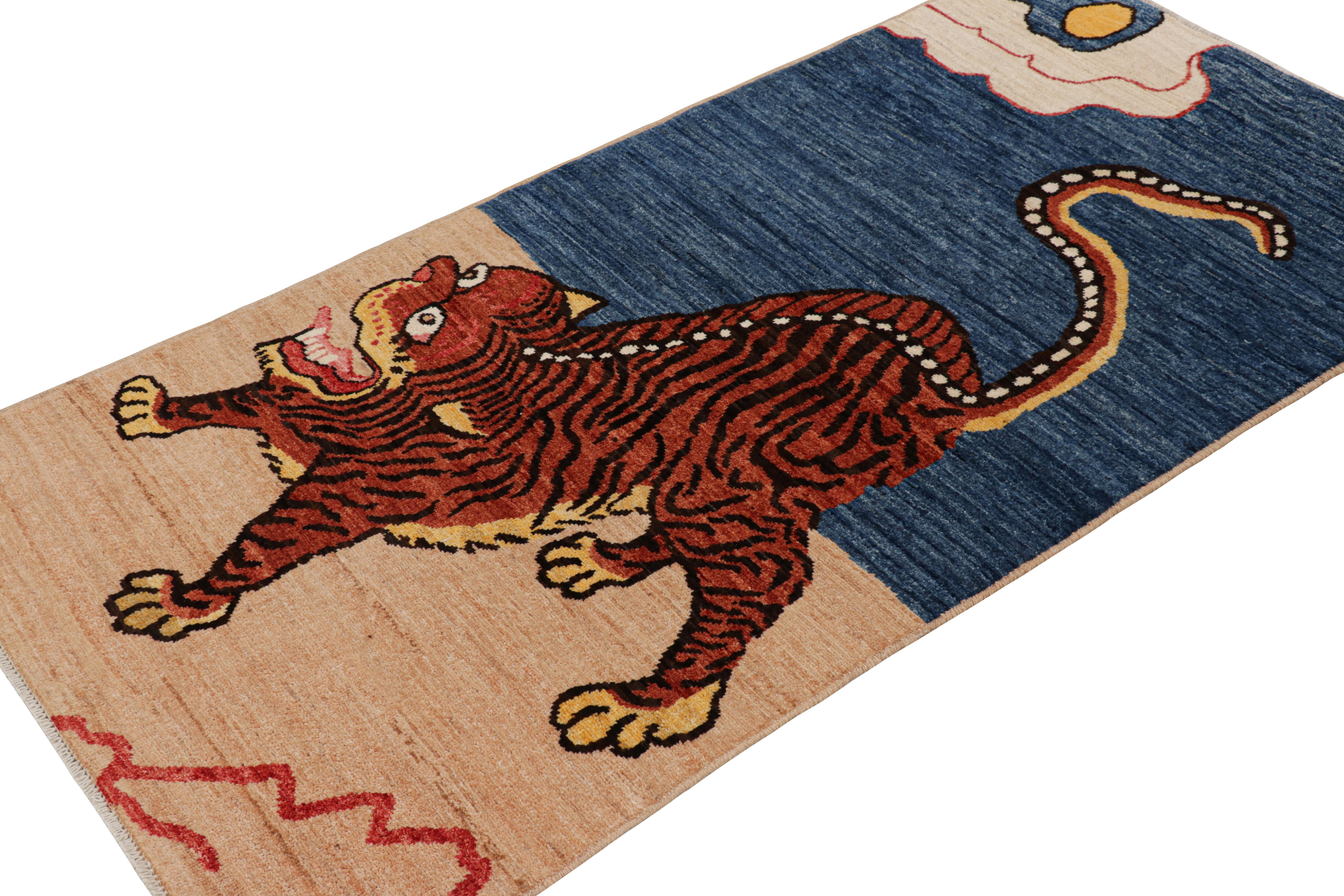 Afghan Rug & Kilim’s Contemporary Tiger Pictorial Rug in Beige, Blue and Red Tones For Sale