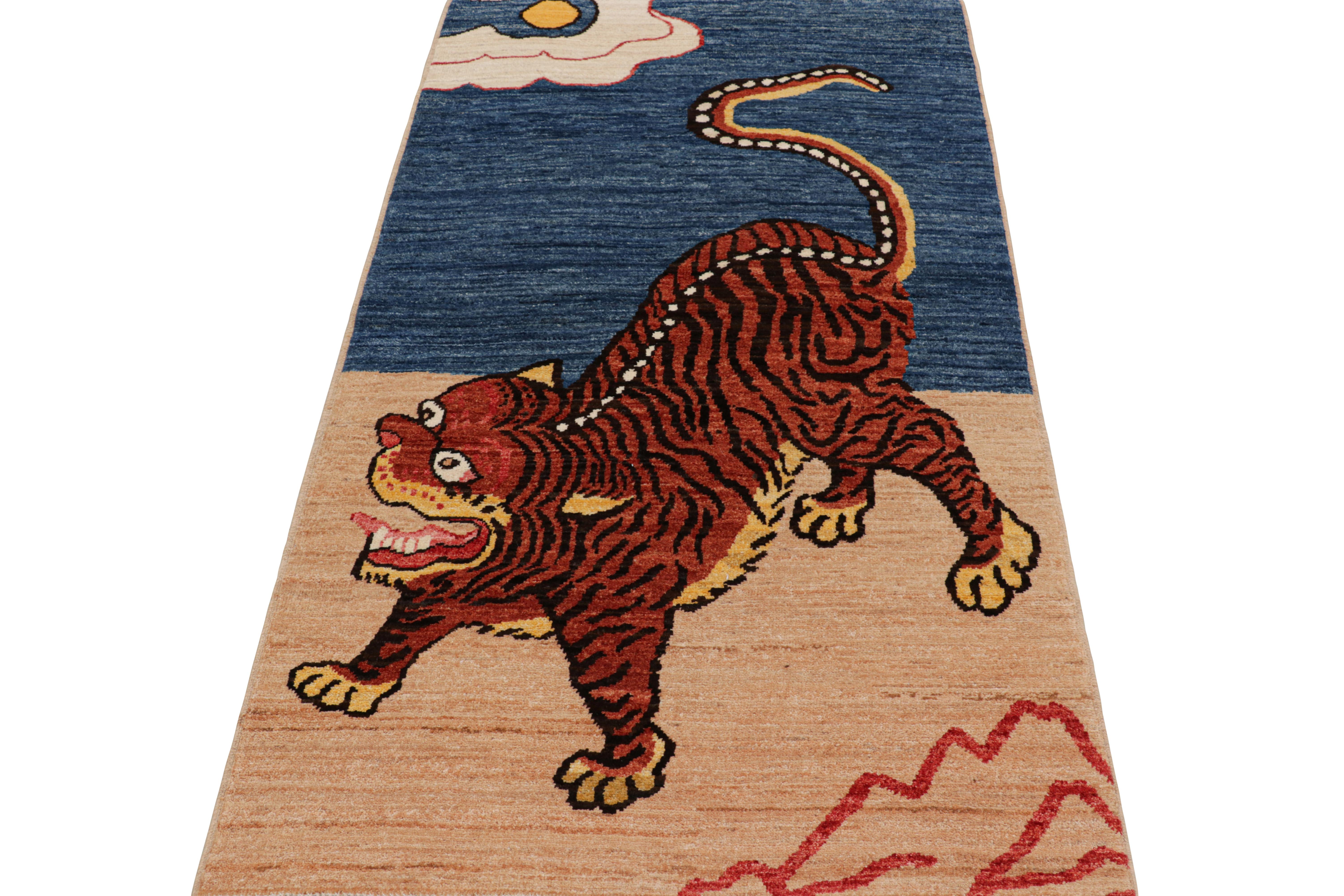 Hand-Knotted Rug & Kilim’s Contemporary Tiger Pictorial Rug in Beige, Blue and Red Tones For Sale