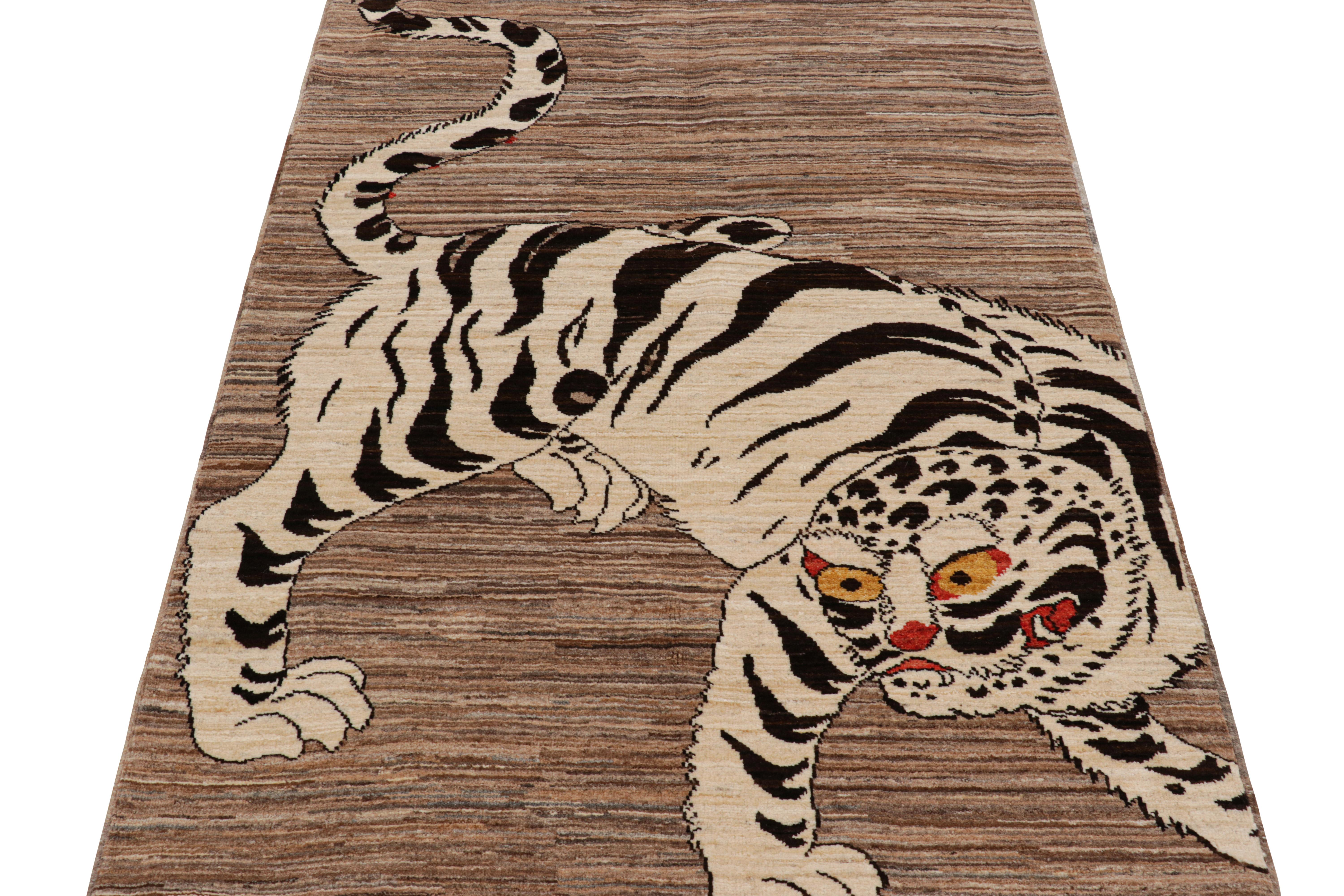 Afghan Rug & Kilim’s Contemporary Tiger Pictorial Rug in Beige-Brown and Black Tones For Sale