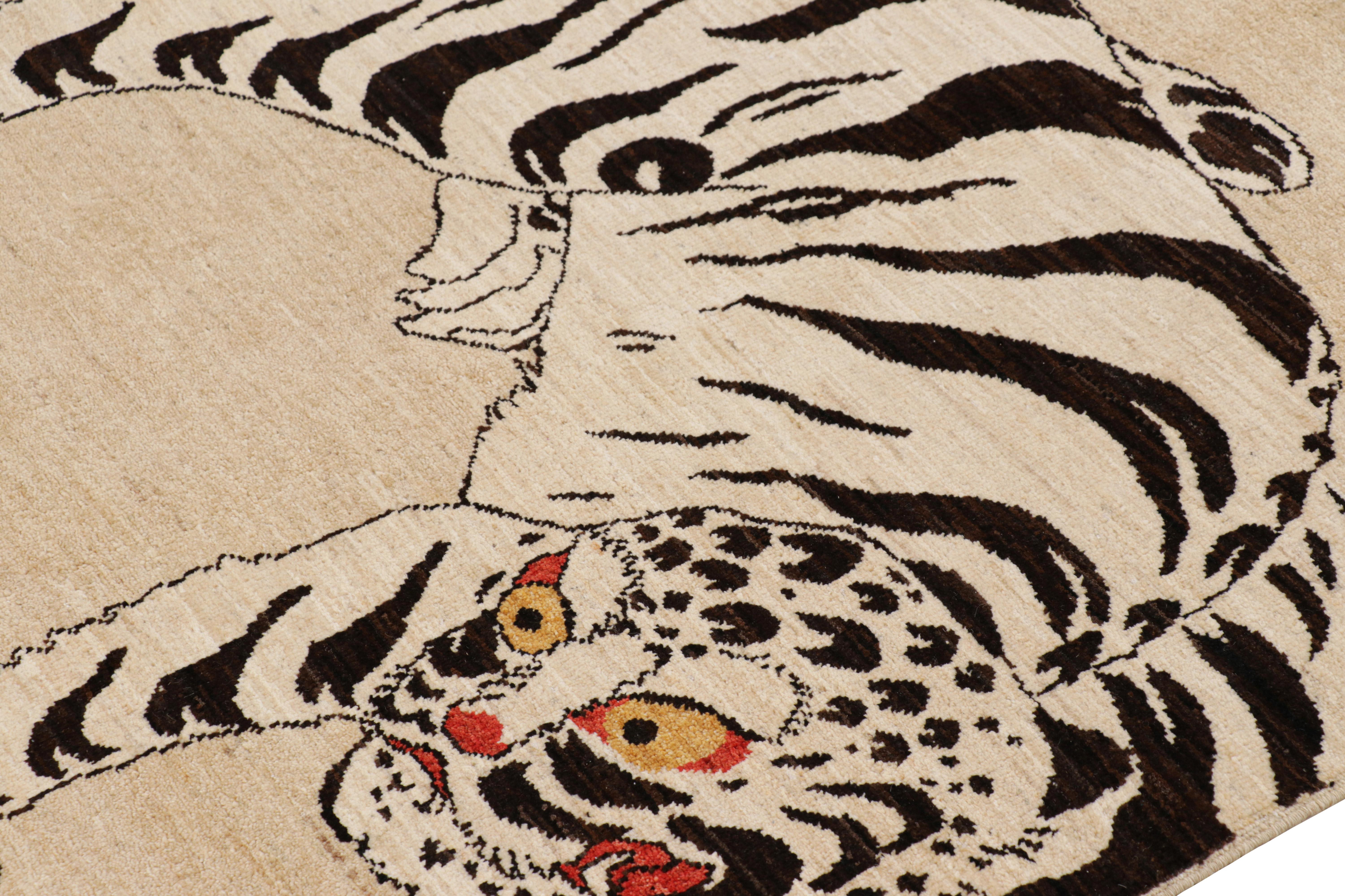Hand-knotted in wool, this 3x7 modern tiger pictorial runner is a bold addition to the Rug & Kilim Tiger rugs line of their Modern Classics Collection. 

On the Design: 

This particular rug draws on pictorial representations in folk art of white