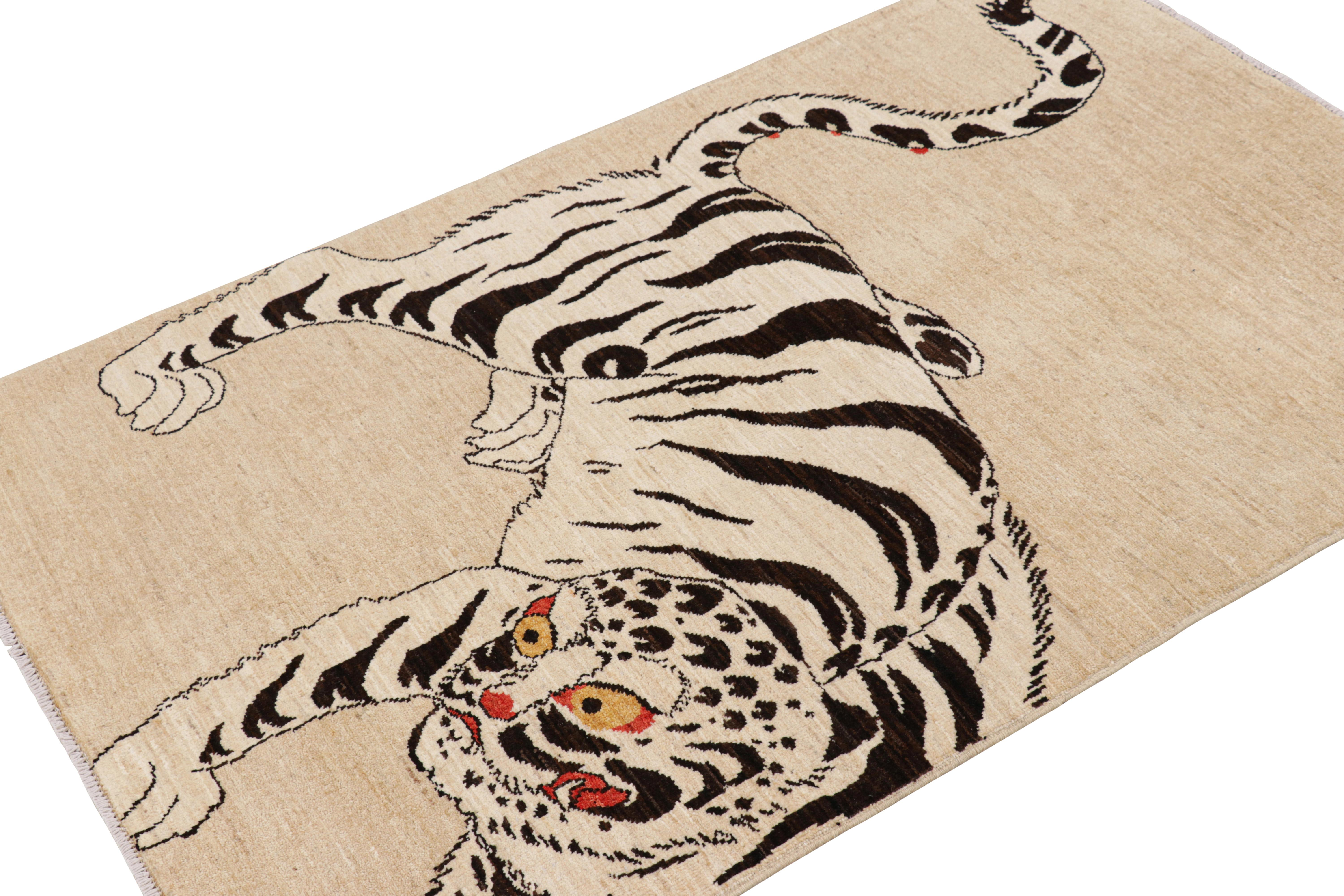 Afghan Rug & Kilim’s Contemporary Tiger Pictorial Rug in Beige-Cream and Black Tones For Sale