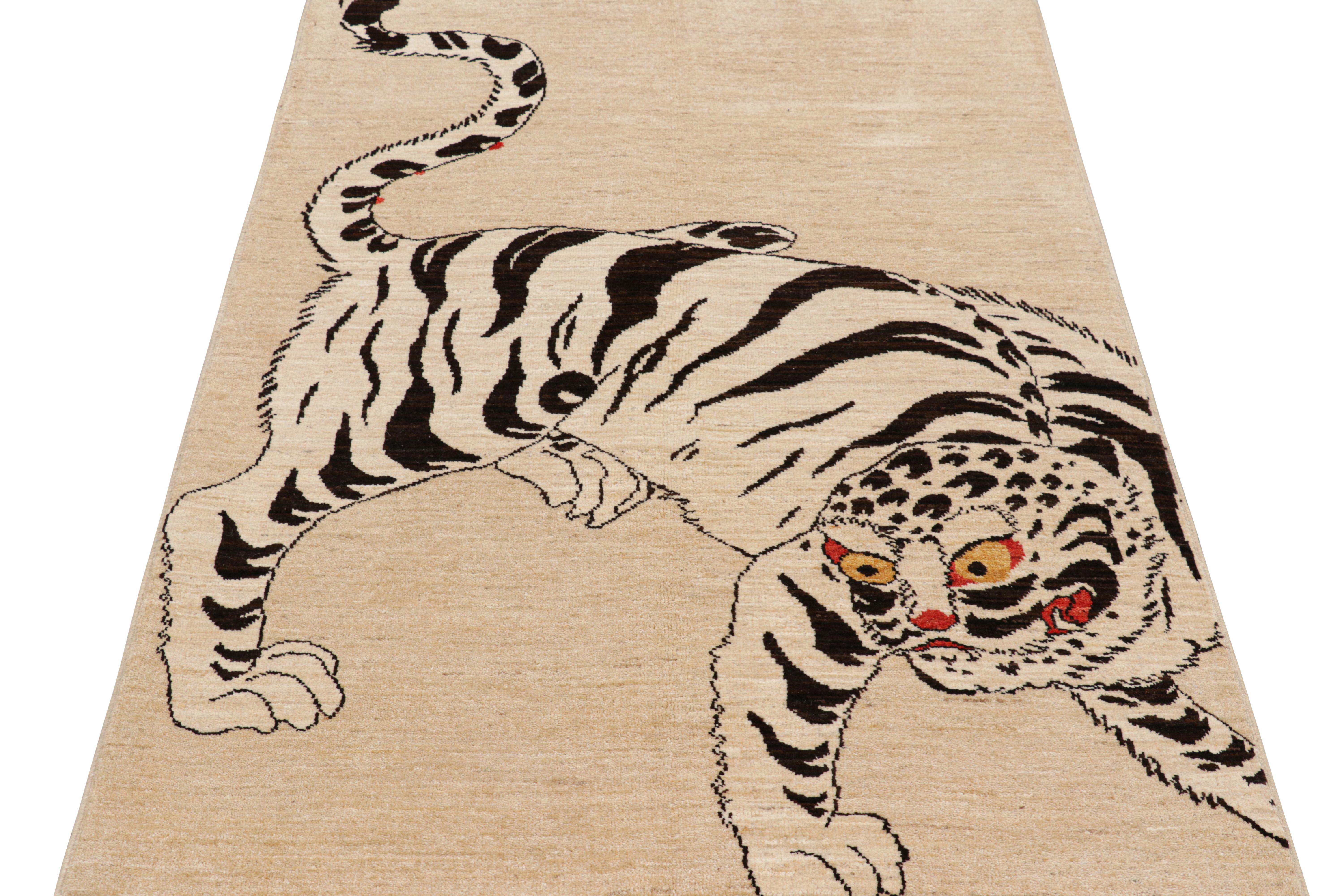 Hand-Knotted Rug & Kilim’s Contemporary Tiger Pictorial Rug in Beige-Cream and Black Tones For Sale
