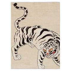 Rug & Kilim’s Contemporary Tiger Pictorial Rug in Beige-Cream and Black Tones