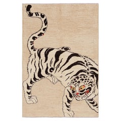 Rug & Kilim’s Contemporary Tiger Pictorial Rug in Beige-Cream and Black Tones