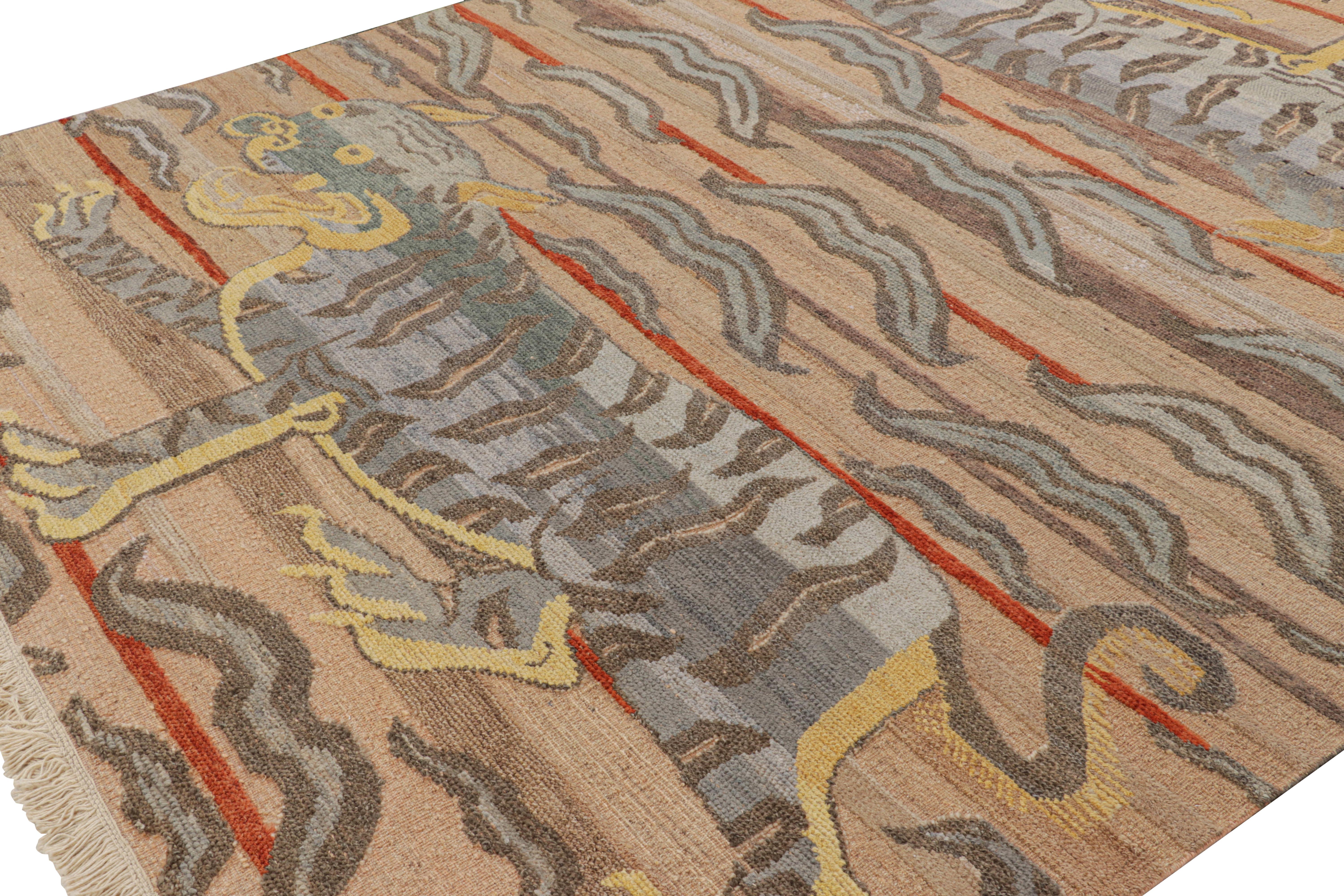Hand-knotted in wool, this 8x10 modern tiger pictorial rug is a bold addition to the Rug & Kilim exclusive Tiger line.  

On the Design: 

One fundamental idea that our Principal Jahanshah Nazmiyal has long taught to his colleagues and teammates is