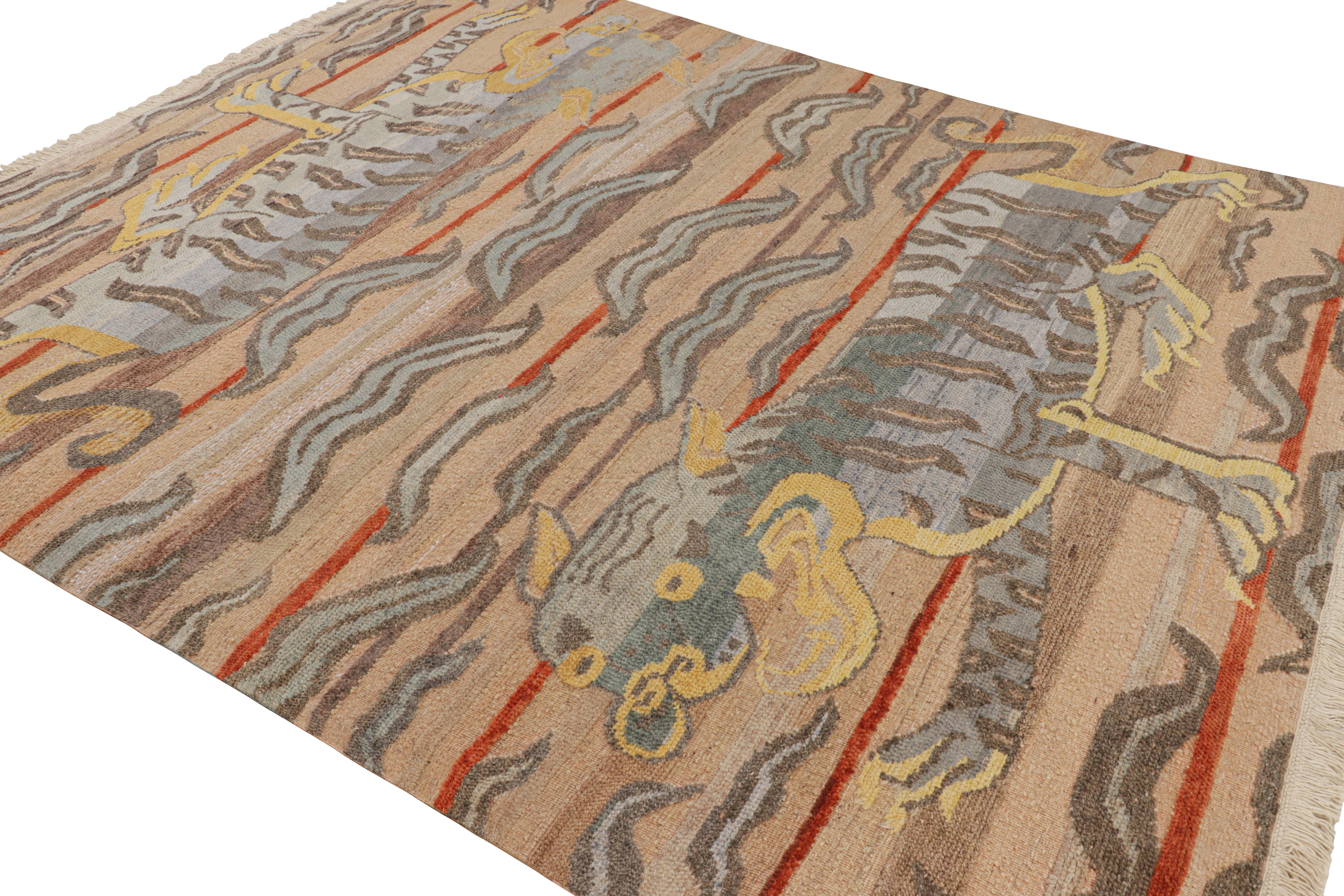 Indian Rug & Kilim’s Contemporary Tiger Pictorial Rug in Brown, Rust and Gray Tones For Sale