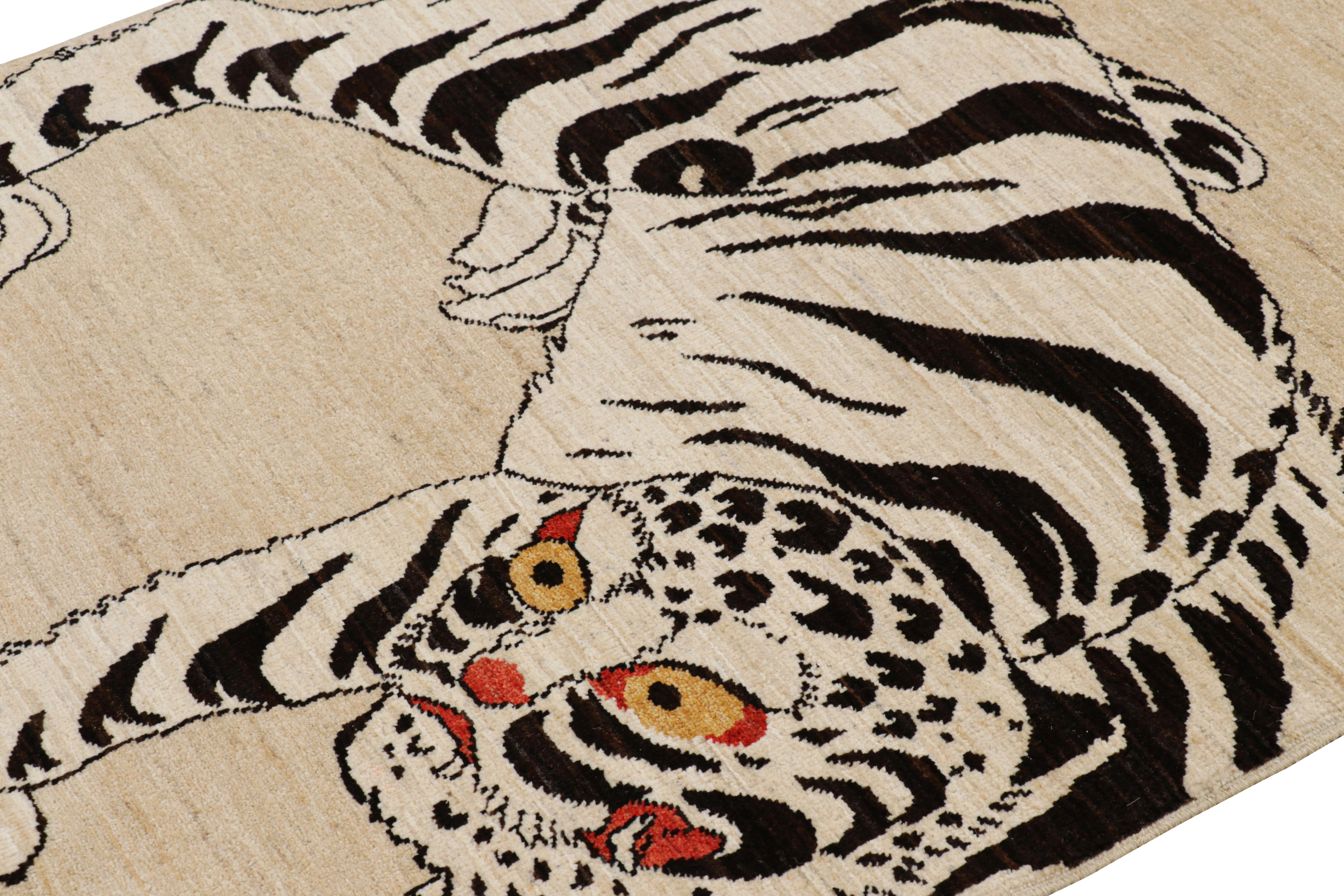Hand-knotted in wool, this 3x5 modern tiger pictorial rug is a bold addition to the Rug & Kilim Tiger rugs line of their Modern Classics Collection. 

On the Design: 

This particular rug draws on pictorial representations in folk art of white