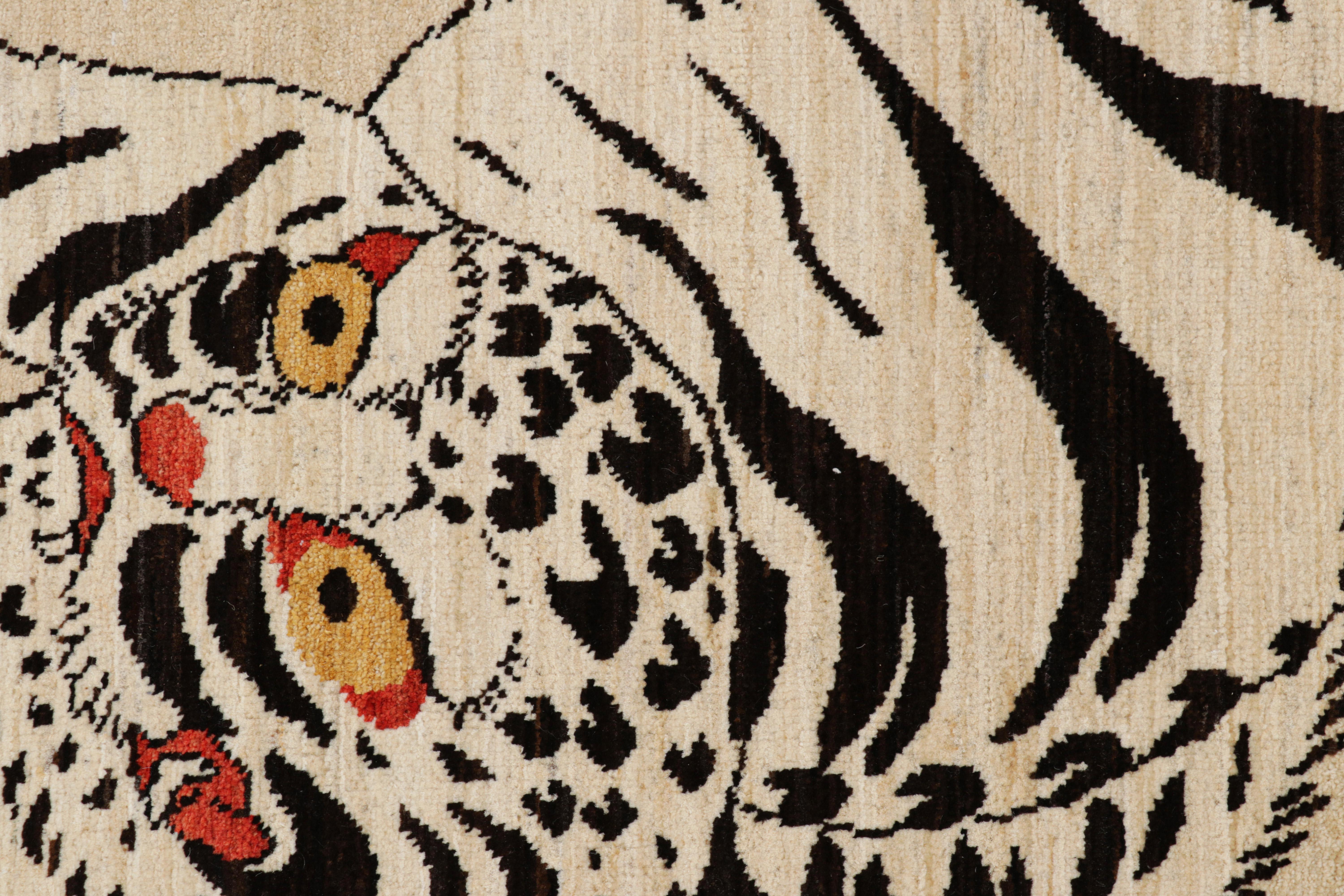 Modern Rug & Kilim’s Contemporary Tiger Pictorial Rug in White and Black Tones For Sale