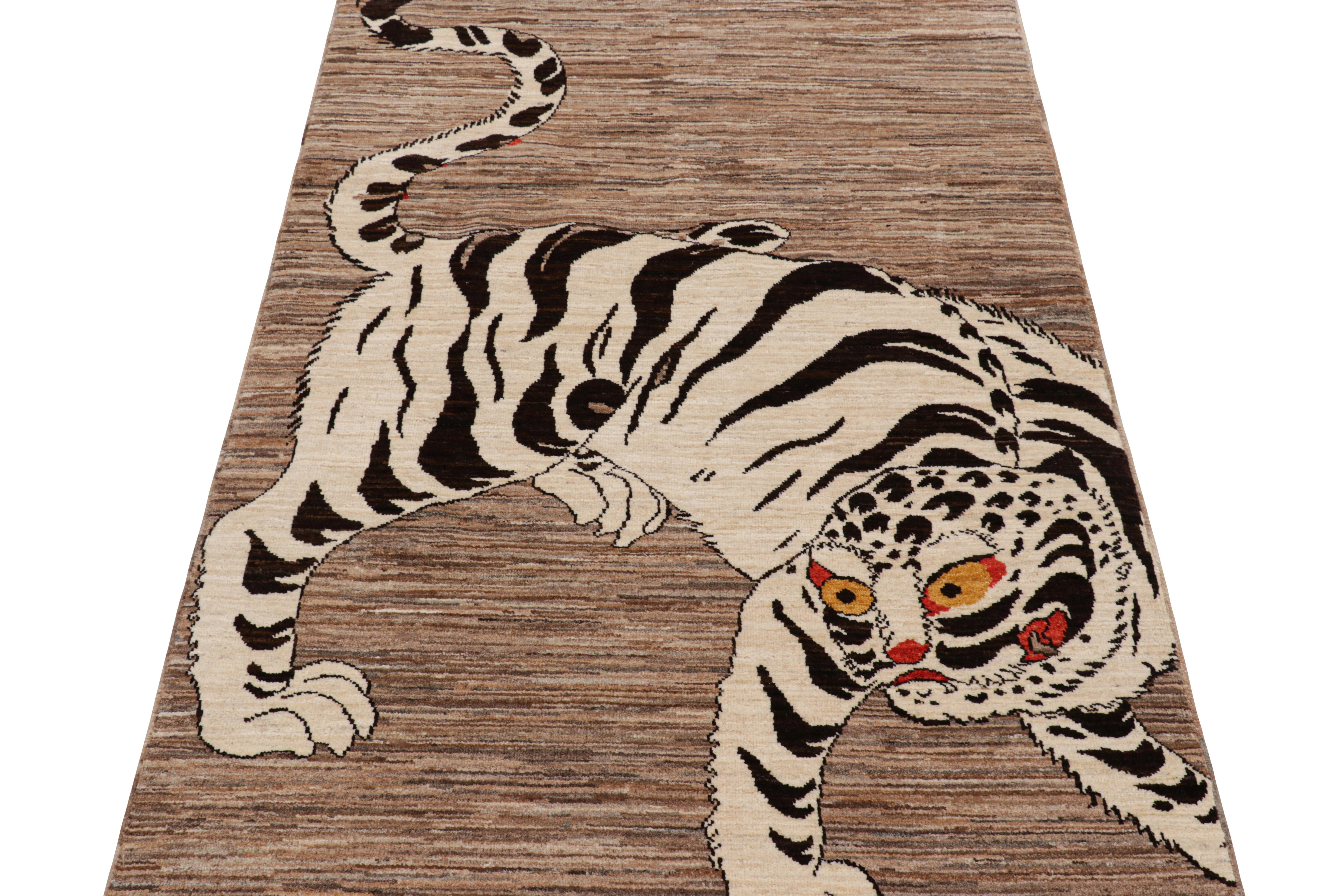 Afghan Rug & Kilim’s Contemporary Tiger Pictorial Rug in White and Black Tones For Sale