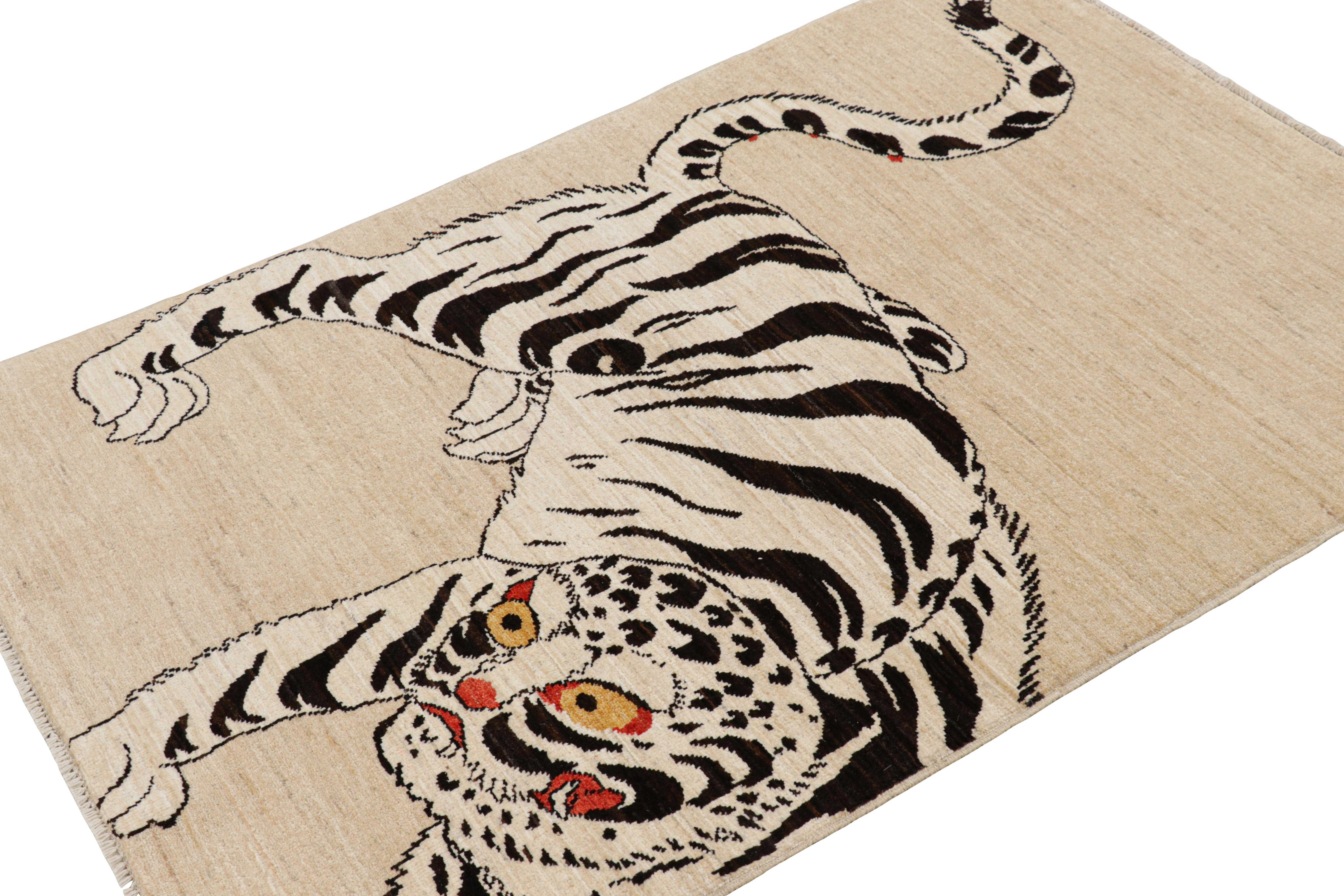 Afghan Rug & Kilim’s Contemporary Tiger Pictorial Rug in White and Black Tones For Sale