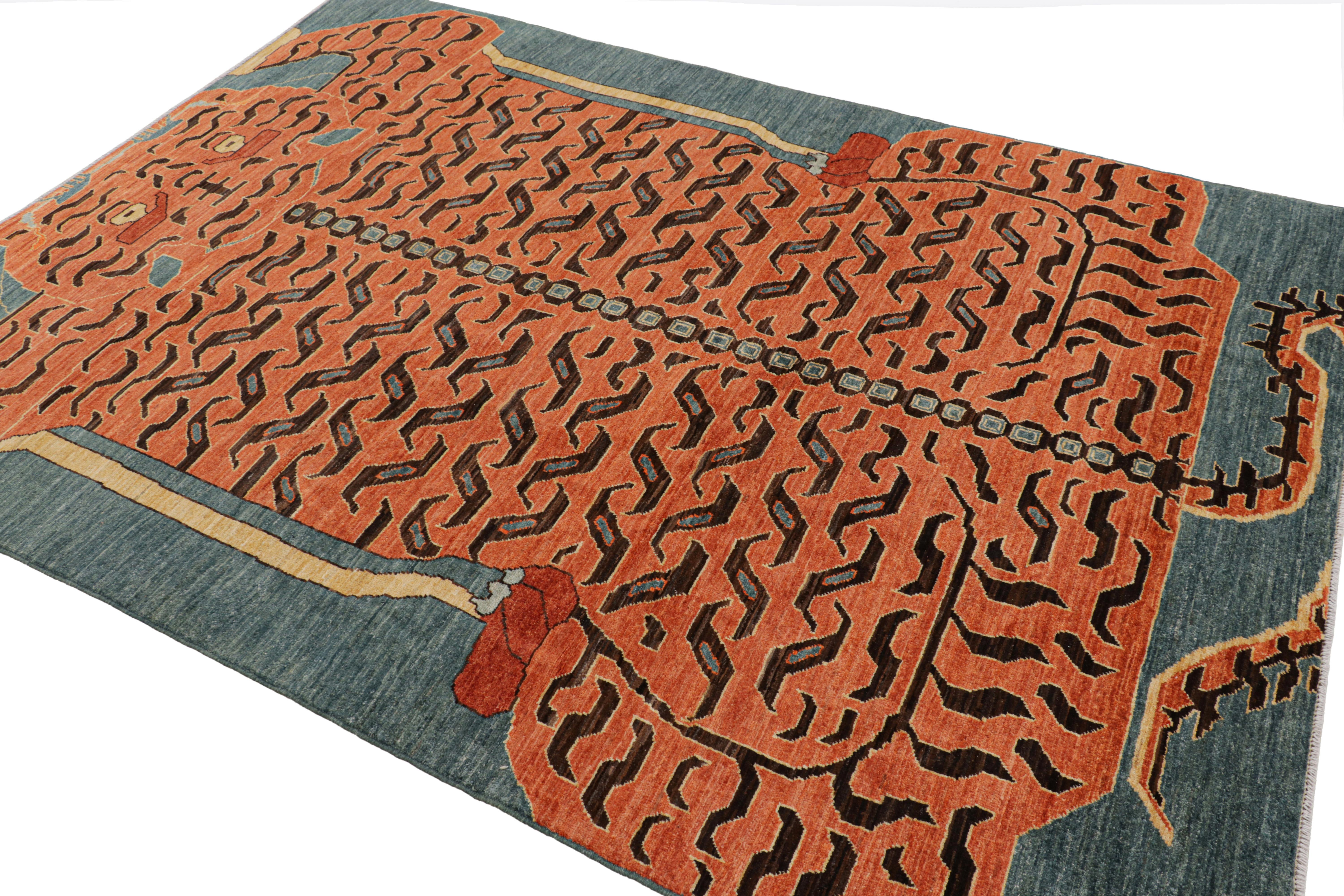 Afghan Rug & Kilim’s Contemporary Tiger Rug in Blue with Brown and Orange Pictorial For Sale