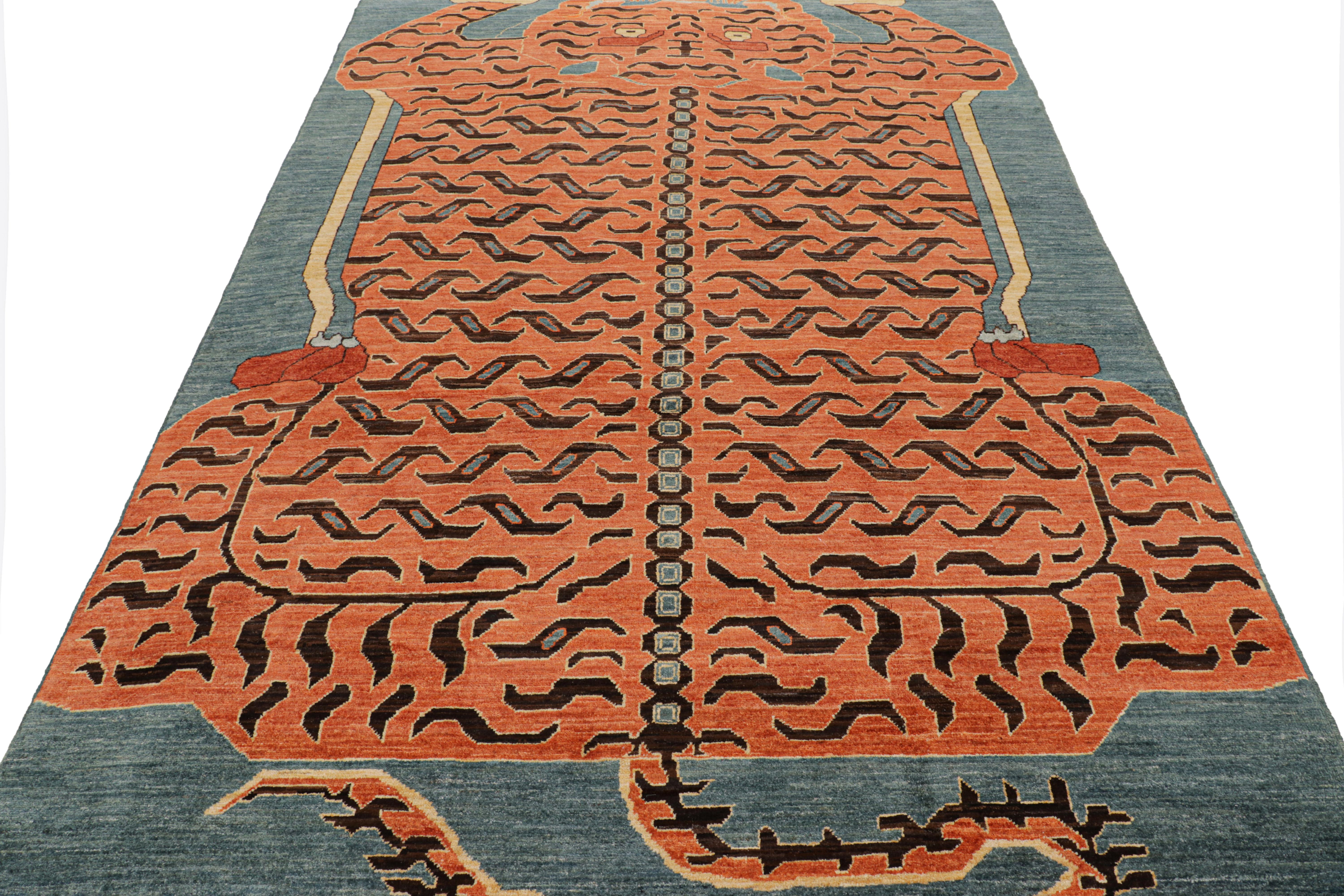 Hand-Knotted Rug & Kilim’s Contemporary Tiger Rug in Blue with Brown and Orange Pictorial For Sale