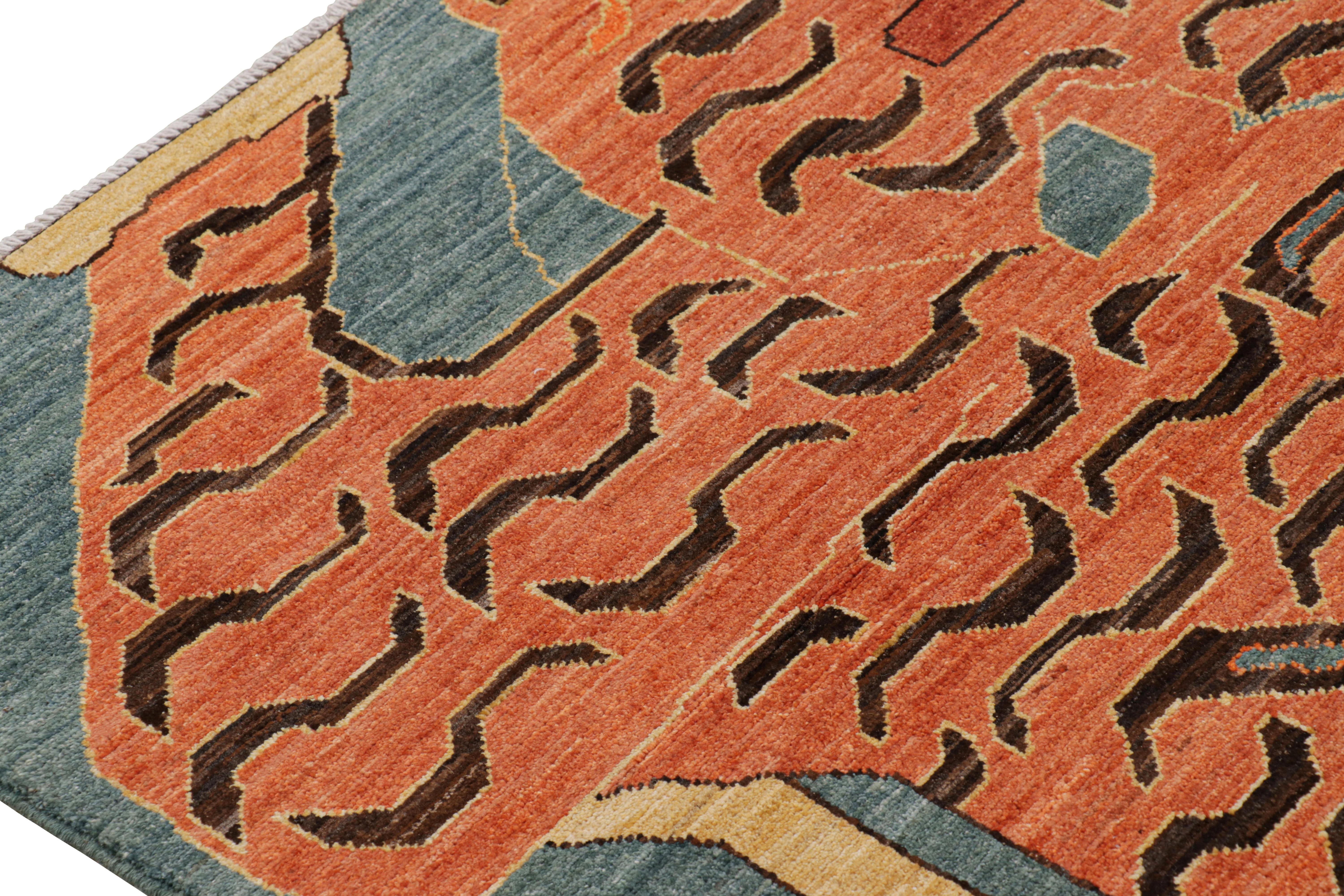 Rug & Kilim’s Contemporary Tiger Rug in Blue with Brown and Orange Pictorial In New Condition For Sale In Long Island City, NY