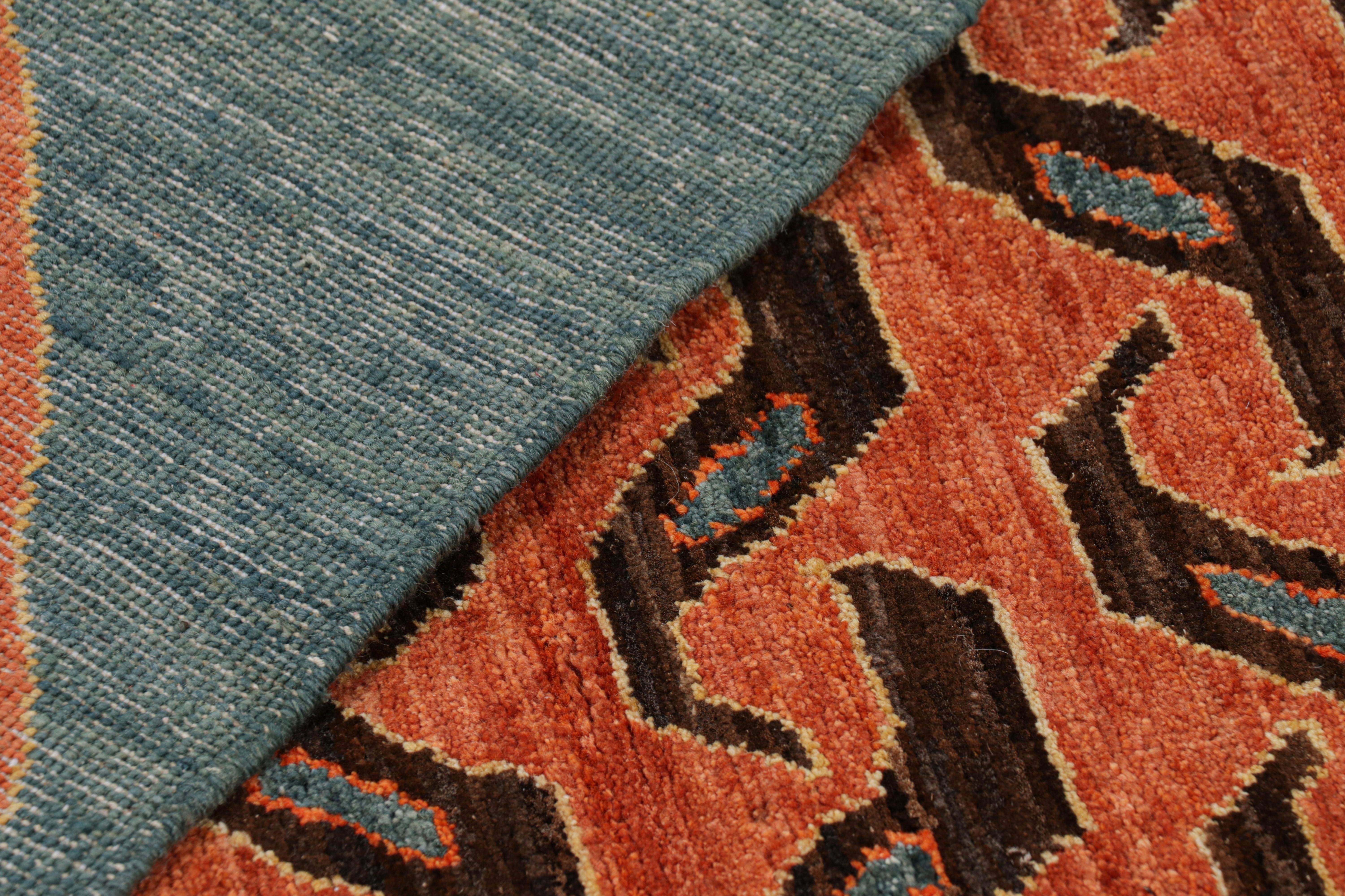 Wool Rug & Kilim’s Contemporary Tiger Rug in Blue with Brown and Orange Pictorial For Sale