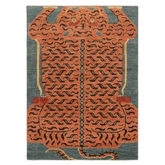 Rug & Kilim’s Contemporary Tiger Rug in Blue with Brown and Orange Pictorial