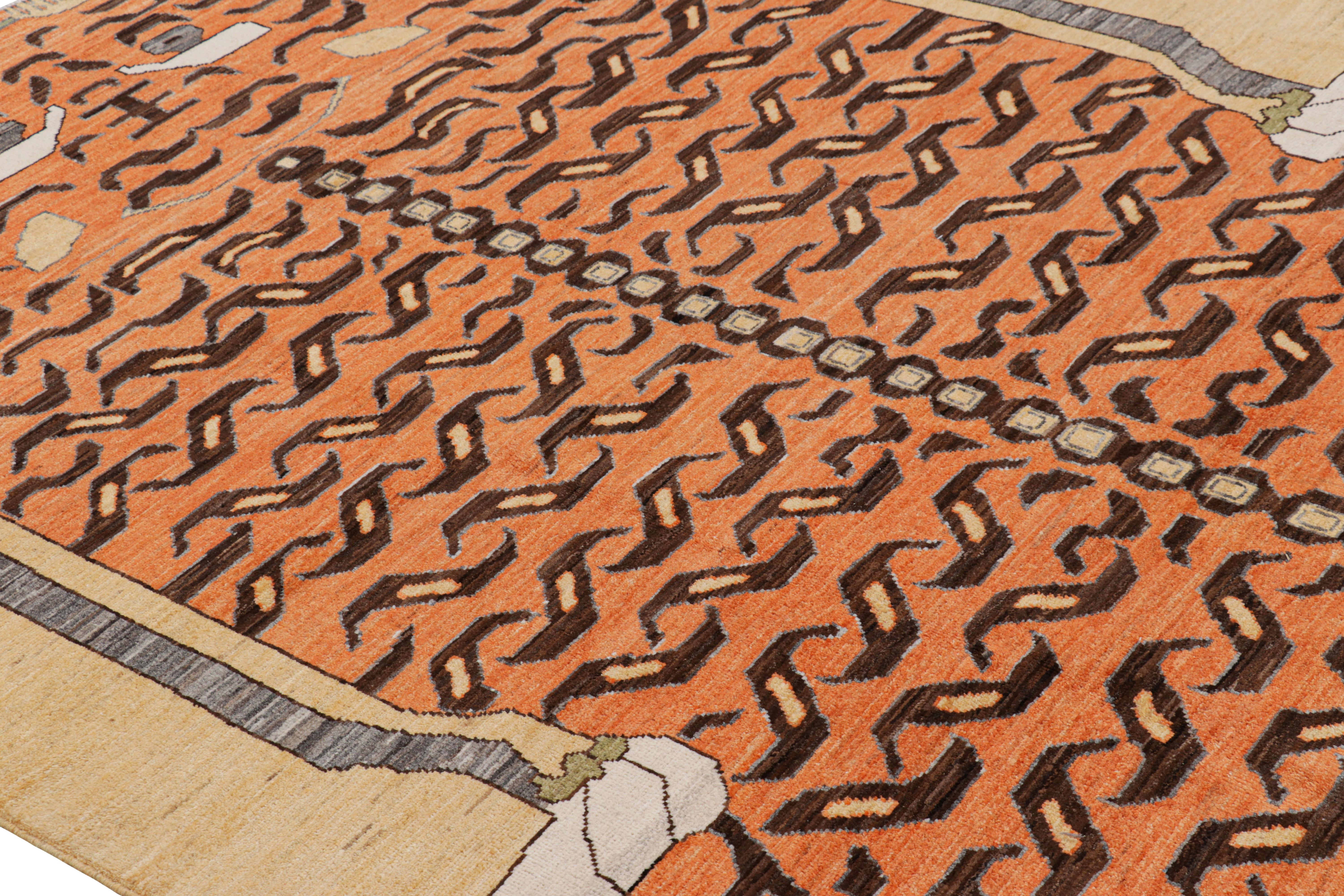 Noué à la main en laine, ce tapis moderne 6x9 à motifs de tigres est un ajout audacieux à la ligne Tiger exclusive de Rug & Kilim.  

Sur le Design : 

Un dessin exemplaire avec une représentation picturale jouissant d'un subtil motif de fourrure