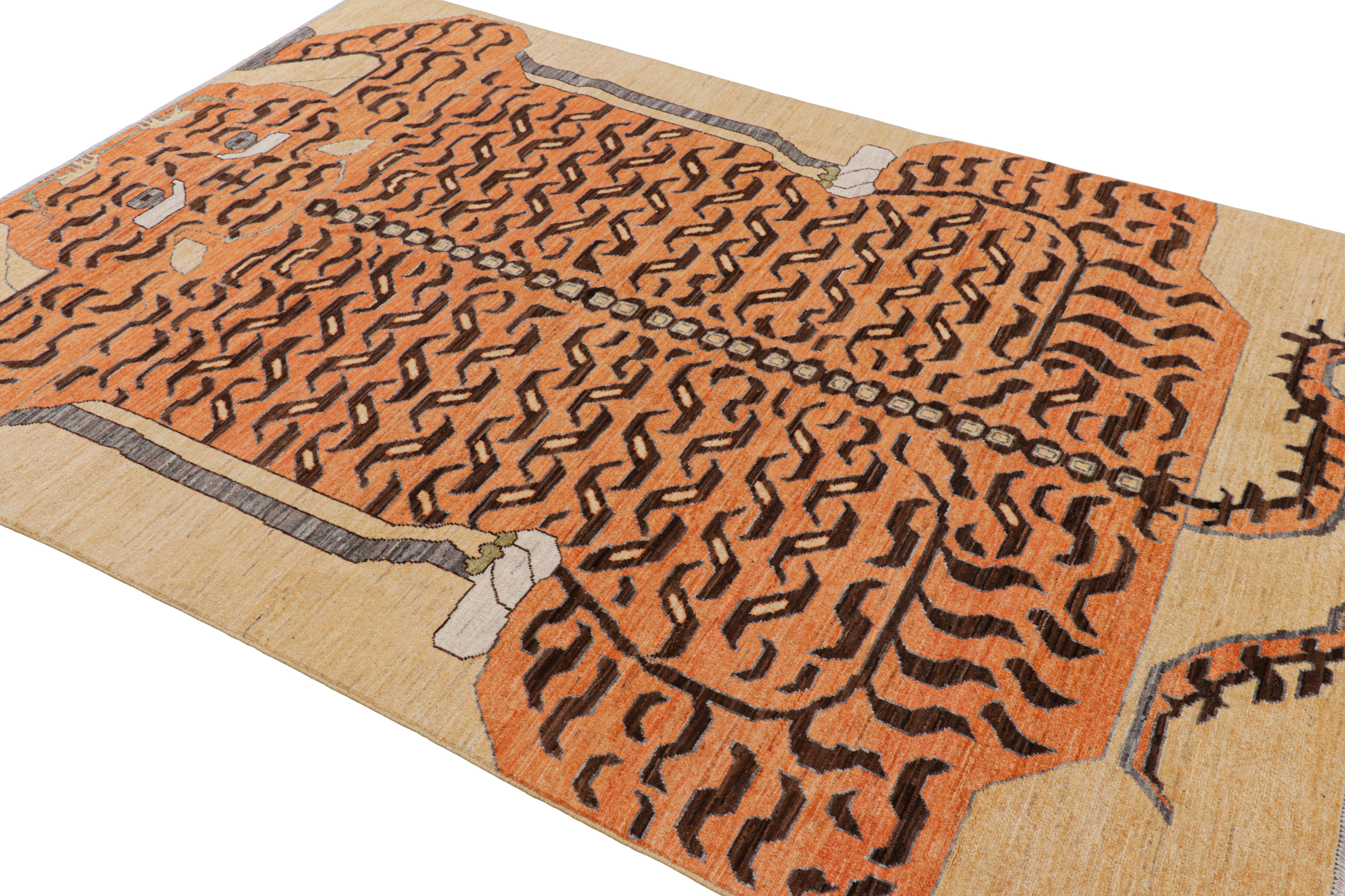 Afghan Rug & Kilim’s Contemporary Tiger Rug in Gold with Brown and Orange Pictorial For Sale