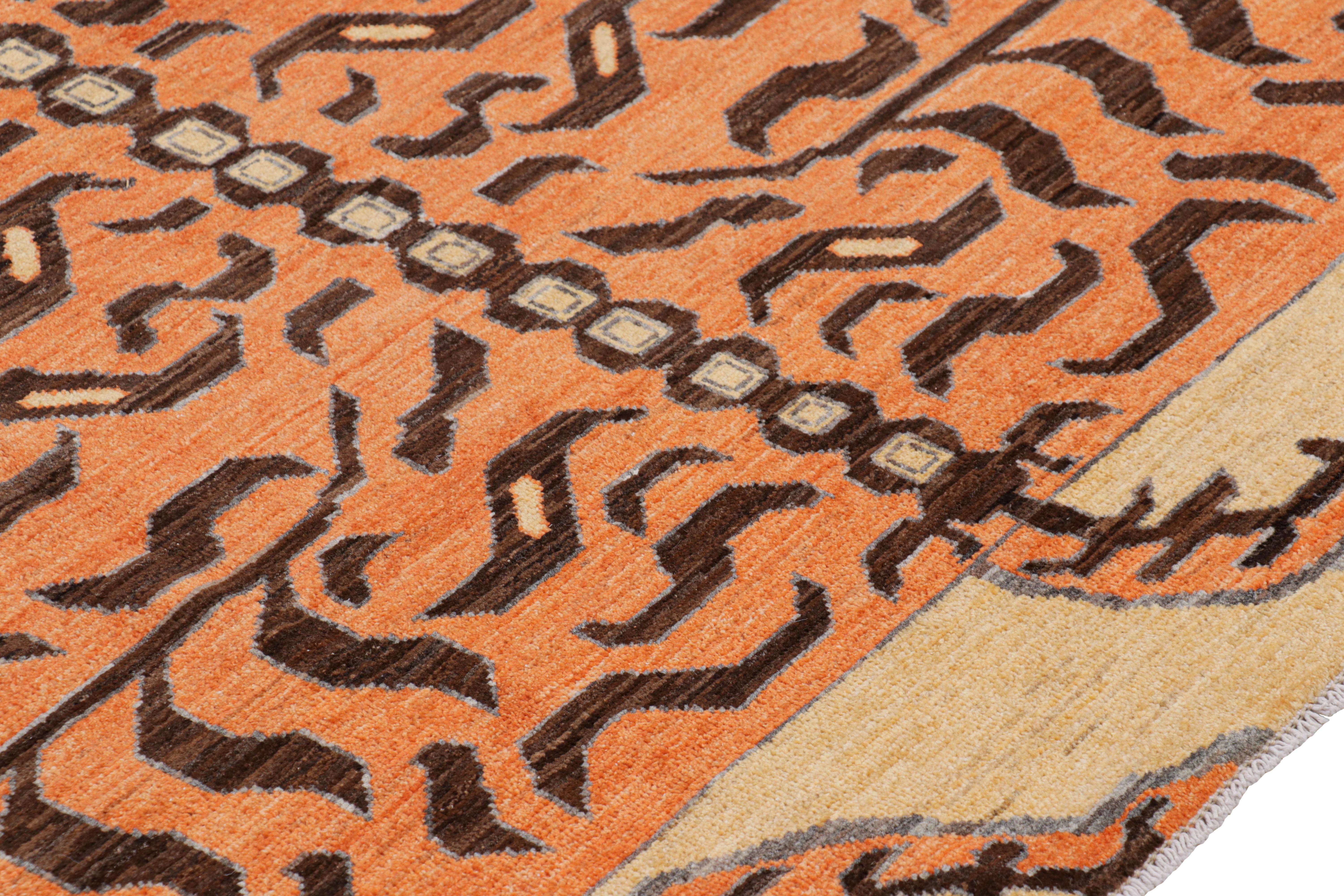 Wool Rug & Kilim’s Contemporary Tiger Rug in Gold with Brown and Orange Pictorial For Sale