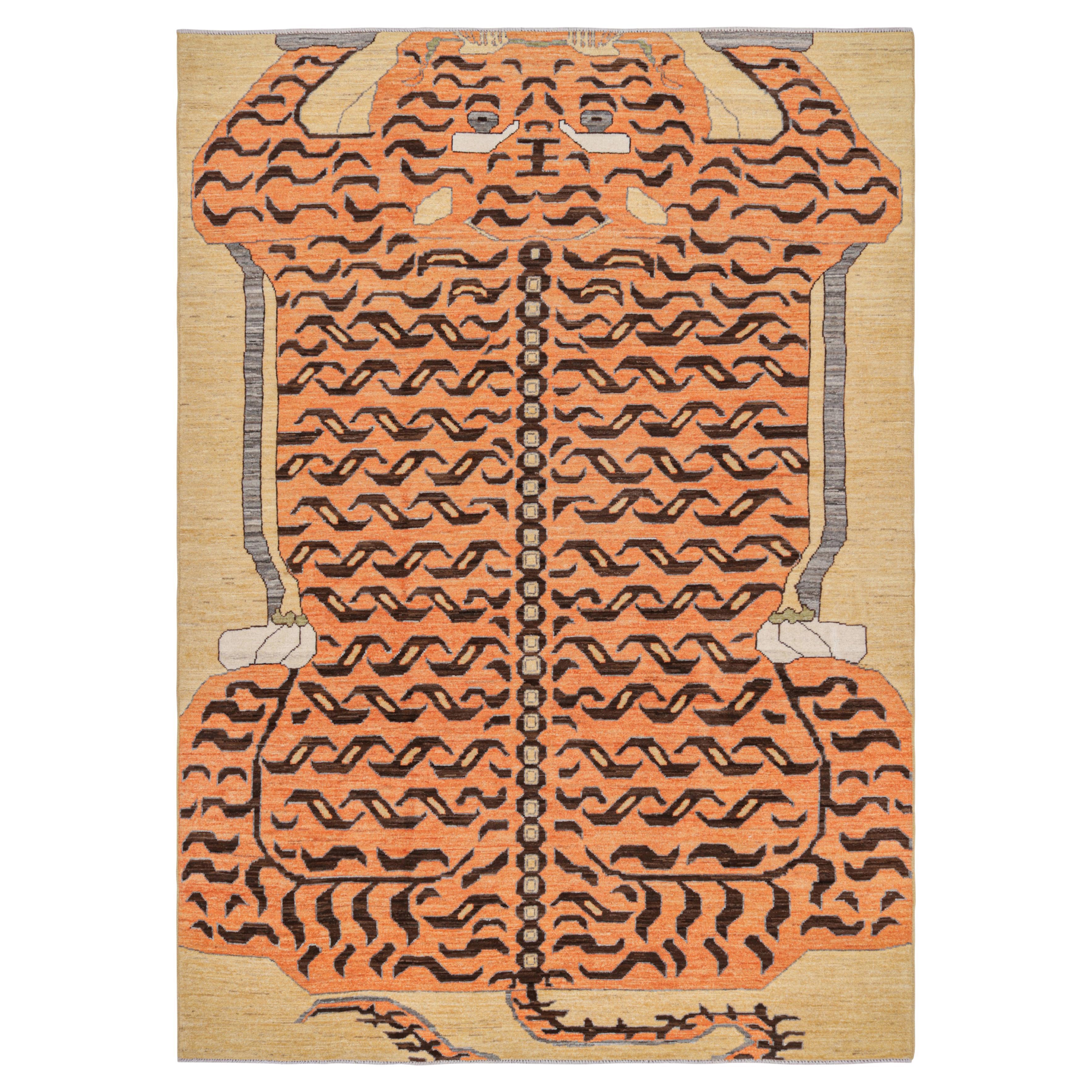 Rug & Kilim’s Contemporary Tiger Rug in Gold with Brown and Orange Pictorial For Sale