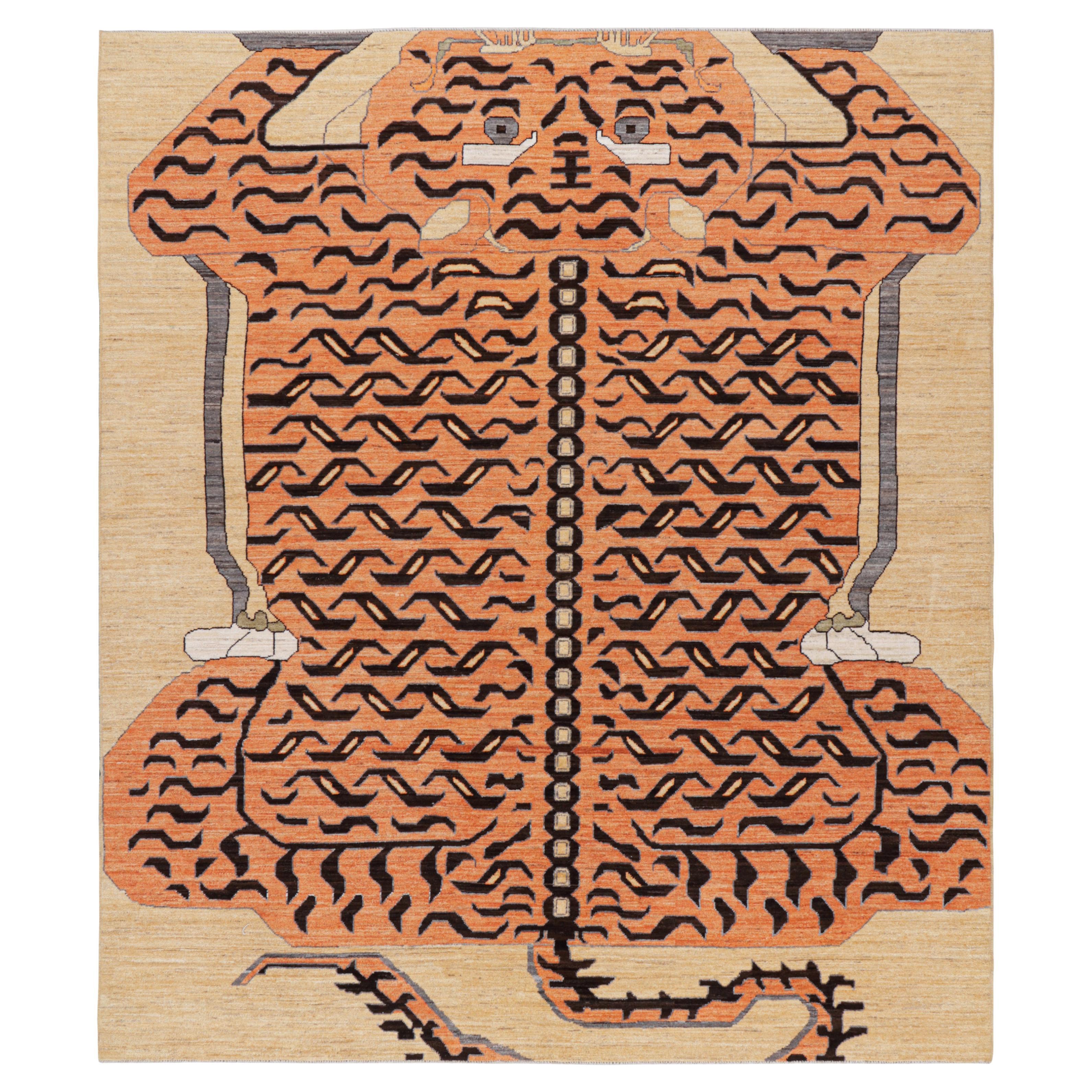Rug & Kilim’s Contemporary Tiger Rug in Gold with Brown and Orange Pictorial