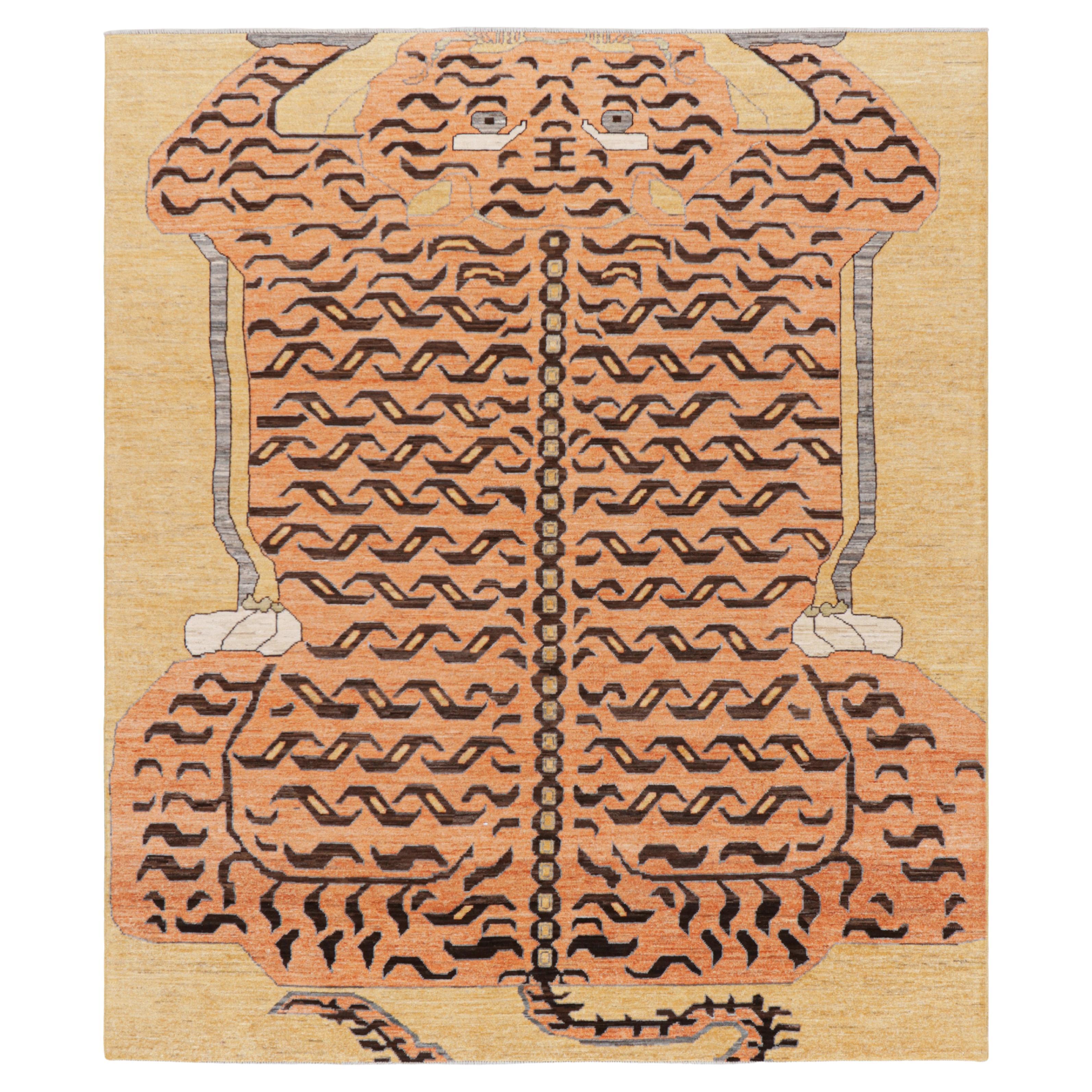 Rug & Kilim’s Contemporary Tiger Rug in Gold with Brown and Orange Pictorial