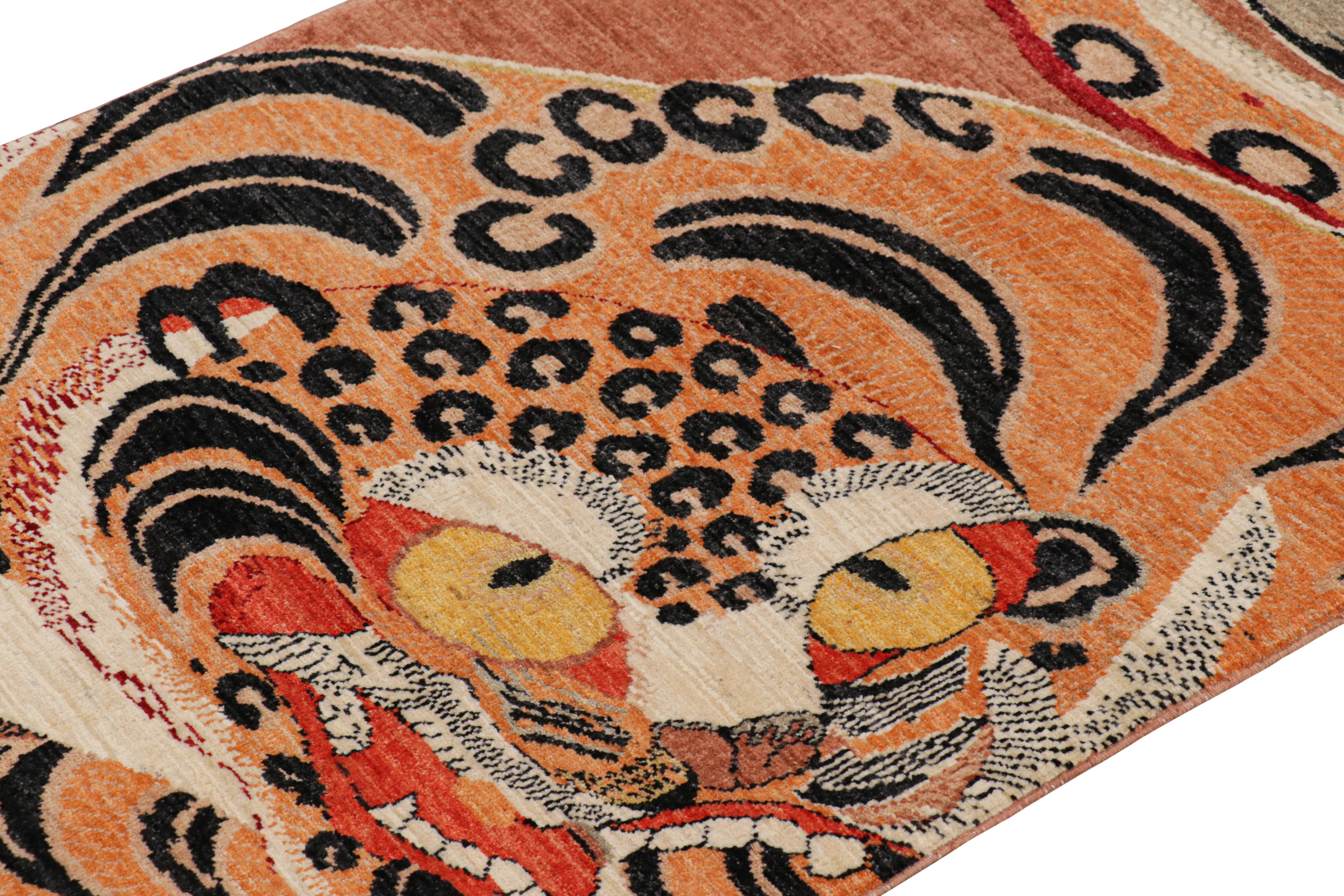 Hand-knotted in wool, this 3x4 modern tiger pictorial rug is a bold addition to the Rug & Kilim Tiger rugs line of their Modern Classics Collection.

On the Design: 

This particular rug draws on pictorial representations in folk art, with an almost