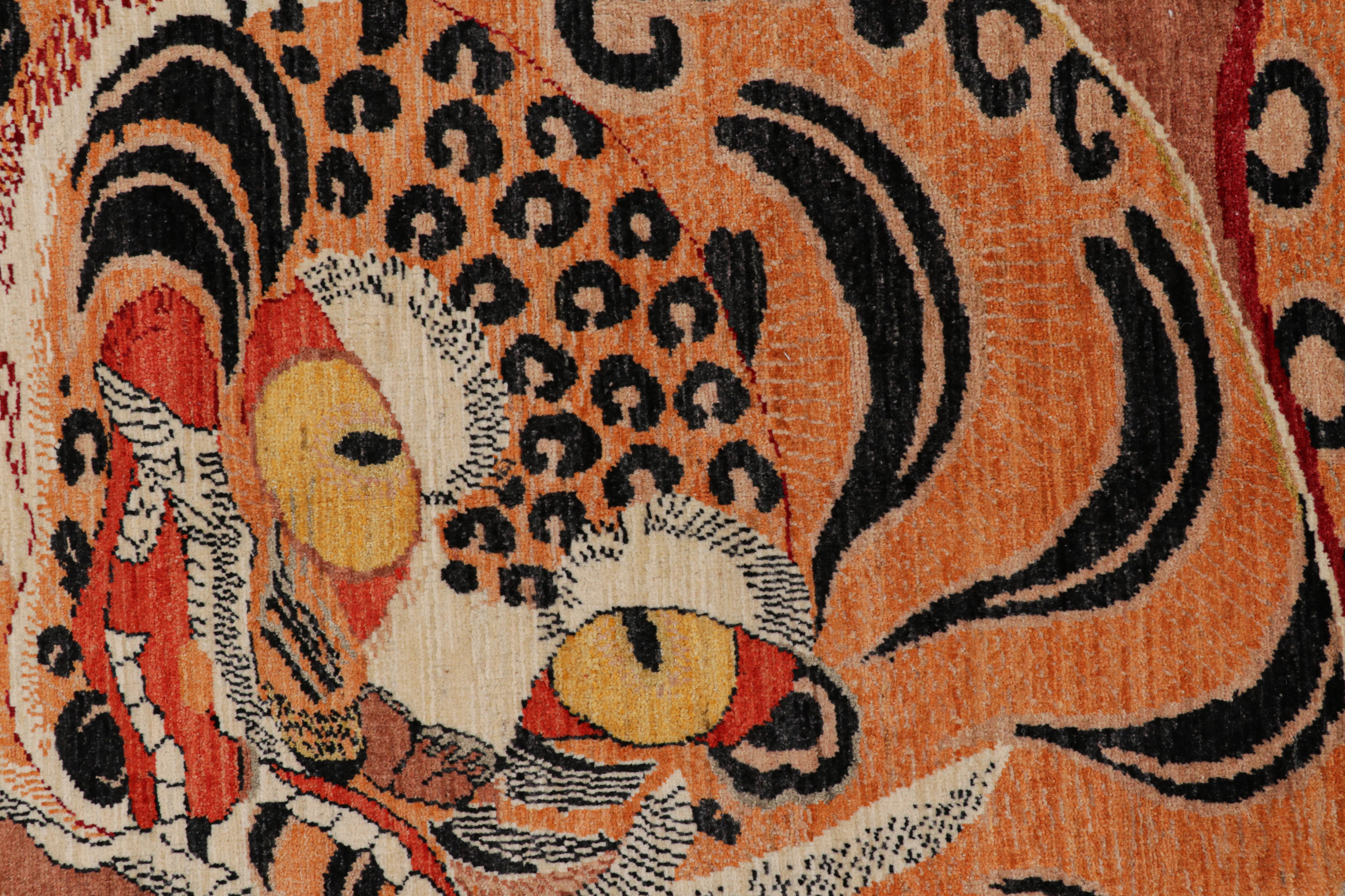 Modern Rug & Kilim’s Contemporary Tiger Rug in Red with Black and Orange Pictorial For Sale