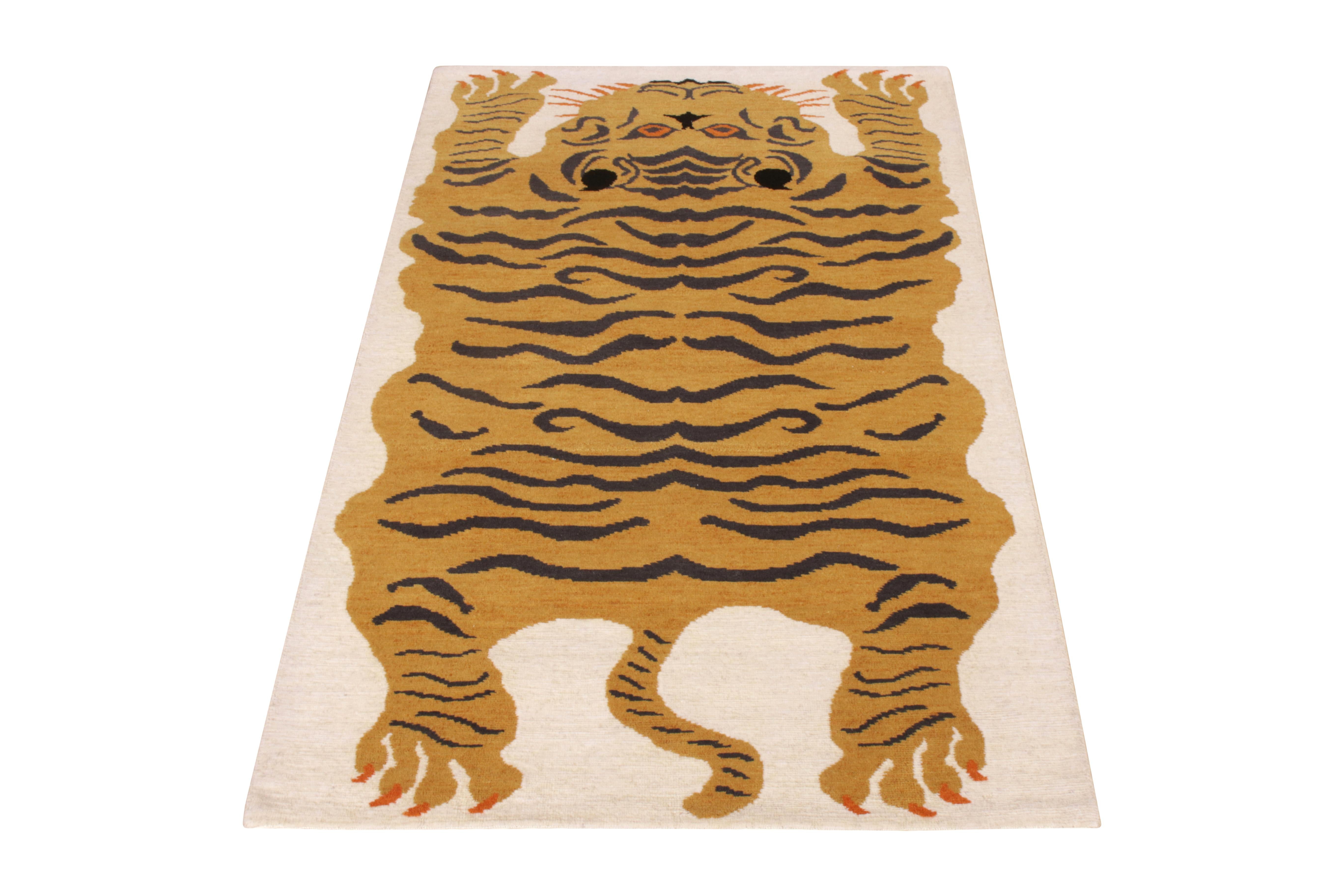 Hand knotted in wool, Rug & Kilim presents this 3x5 piece from its exclusive Tiger line. An exemplary drawing with pictorial representation enjoying a vivid orange and black pelt pattern on a clean white background for a bold, time-honored look. An