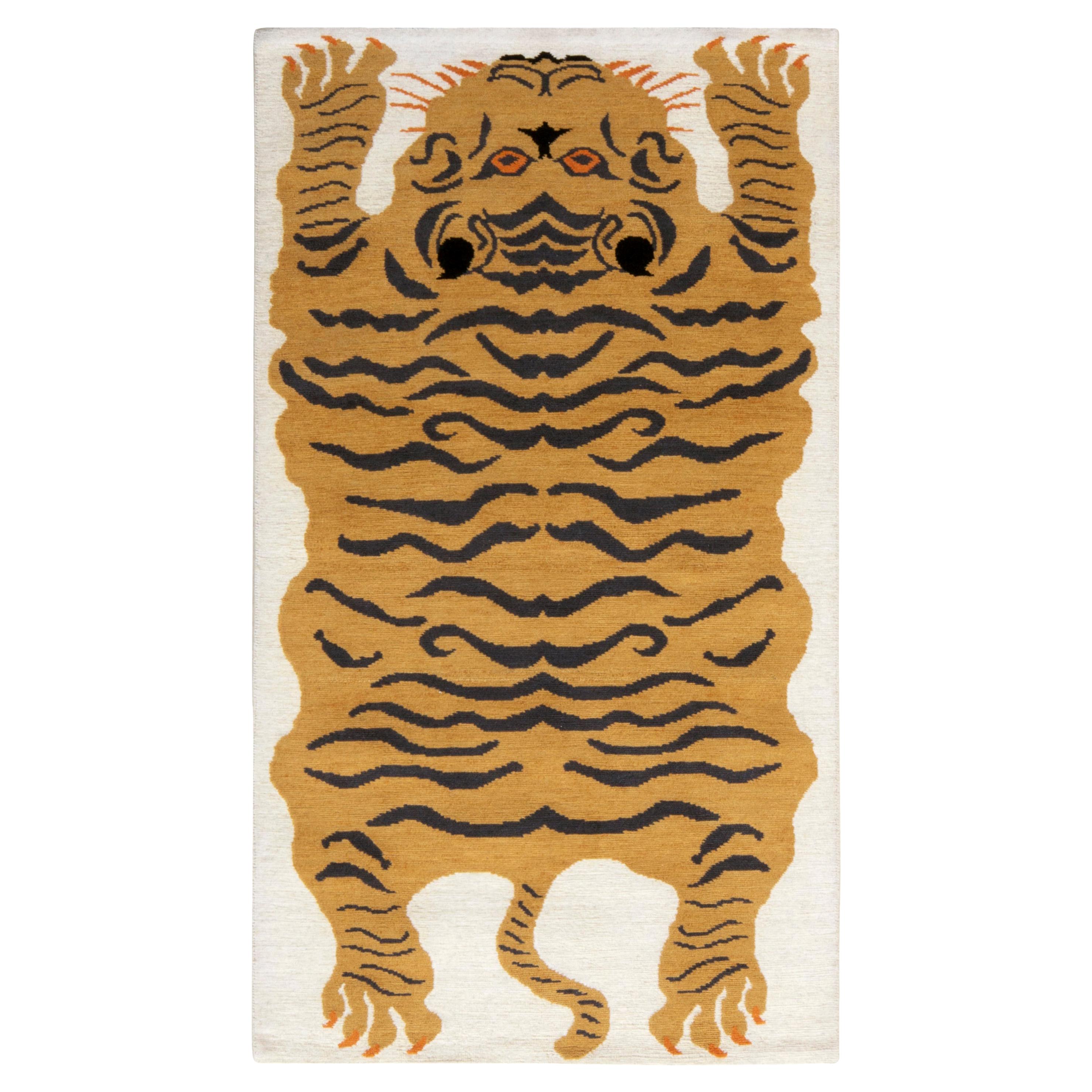 Rug & Kilim’s Contemporary Tiger Rug in White, Black, Orange Pictorial Pattern For Sale