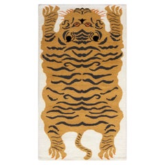 Rug & Kilim’s Contemporary Tiger Rug in White, Black, Orange Pictorial Pattern