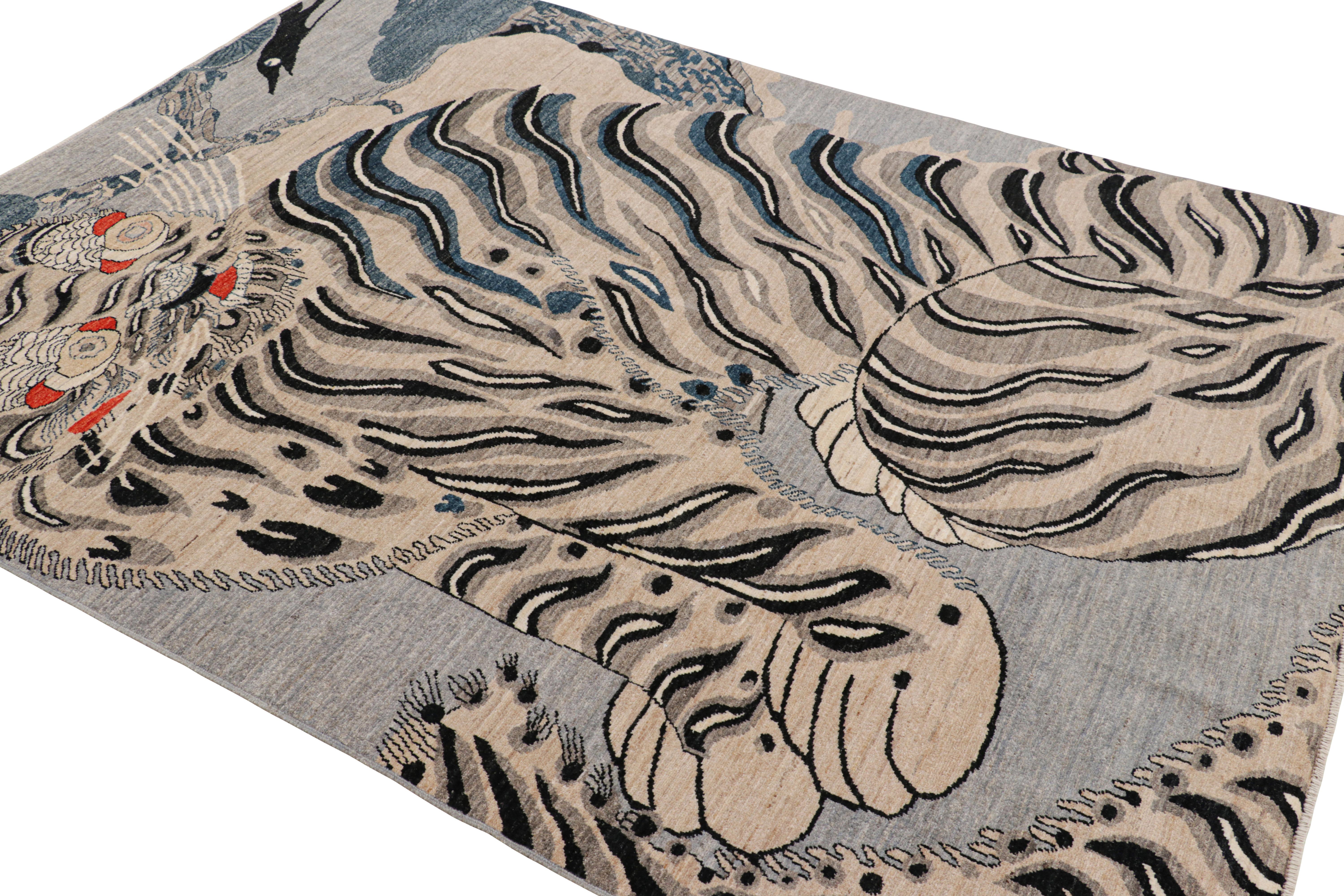 Afghan Rug & Kilim’s Contemporary Tiger Rug in White with Multicolor Pictorials For Sale