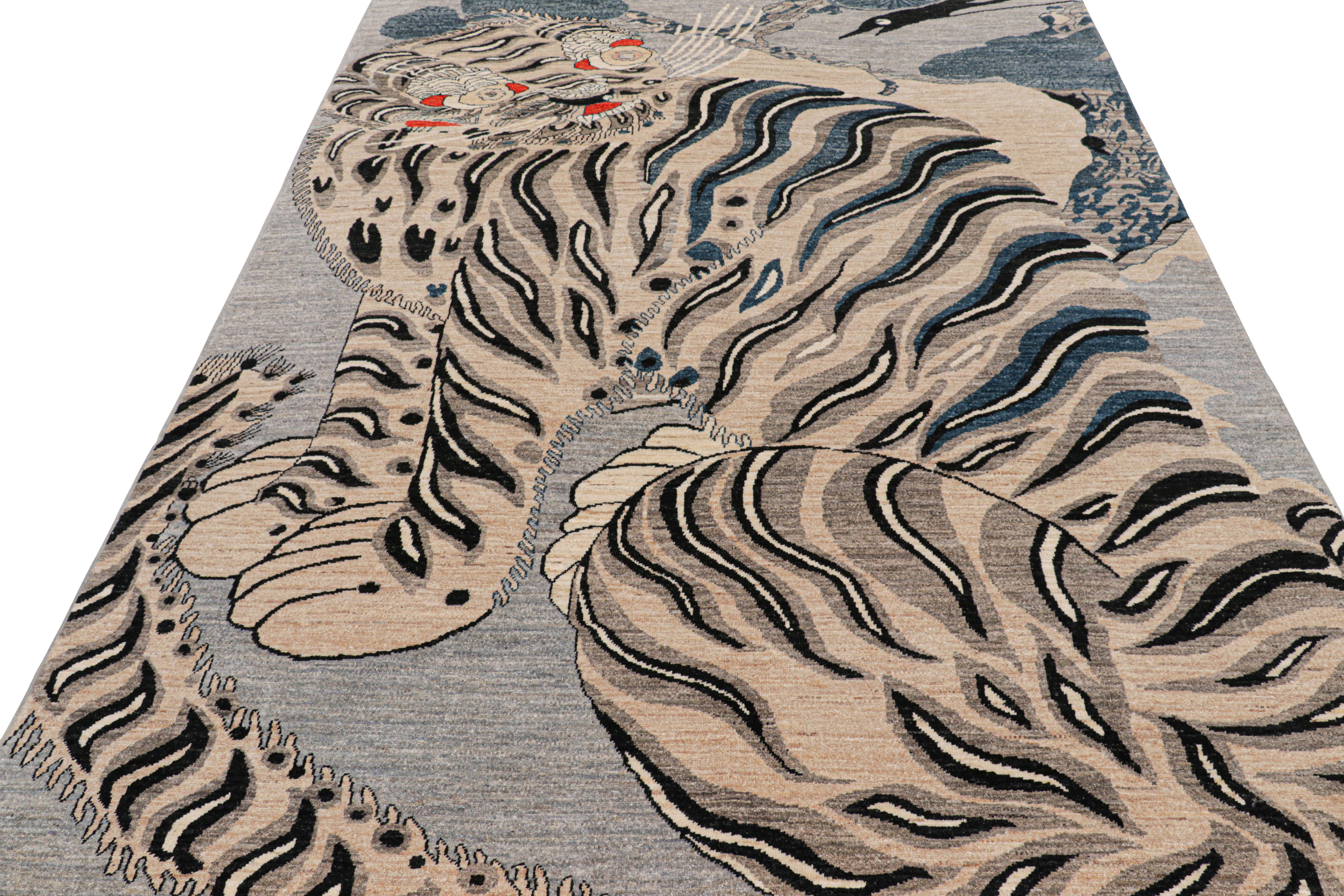 Hand-Knotted Rug & Kilim’s Contemporary Tiger Rug in White with Multicolor Pictorials For Sale